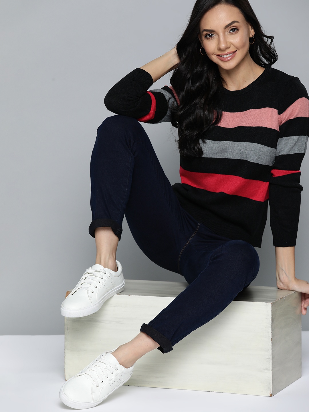 

Mast & Harbour Women Black & Pink Striped Pullover