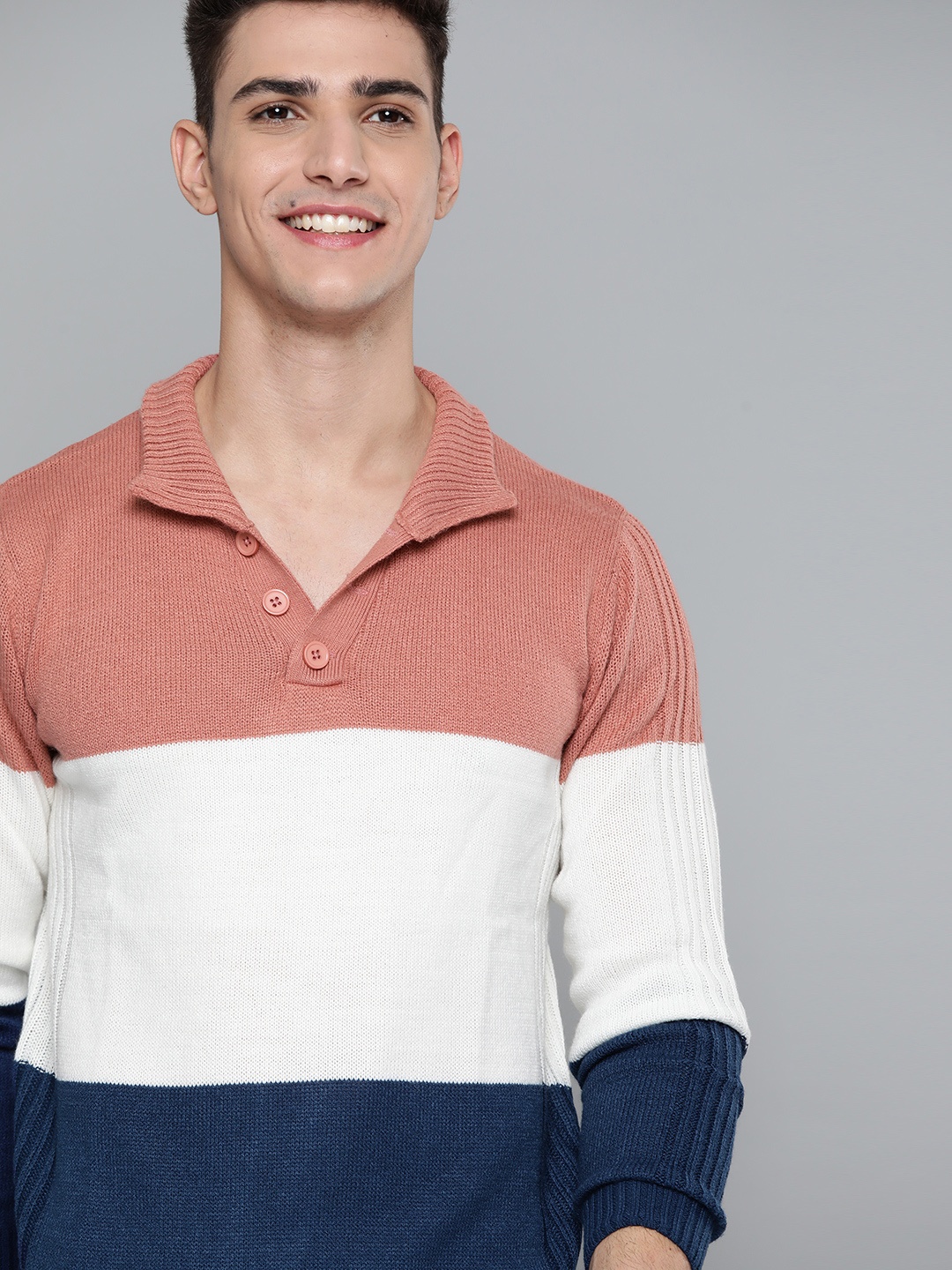 

Mast & Harbour Men Pink & White Colourblocked Pullover