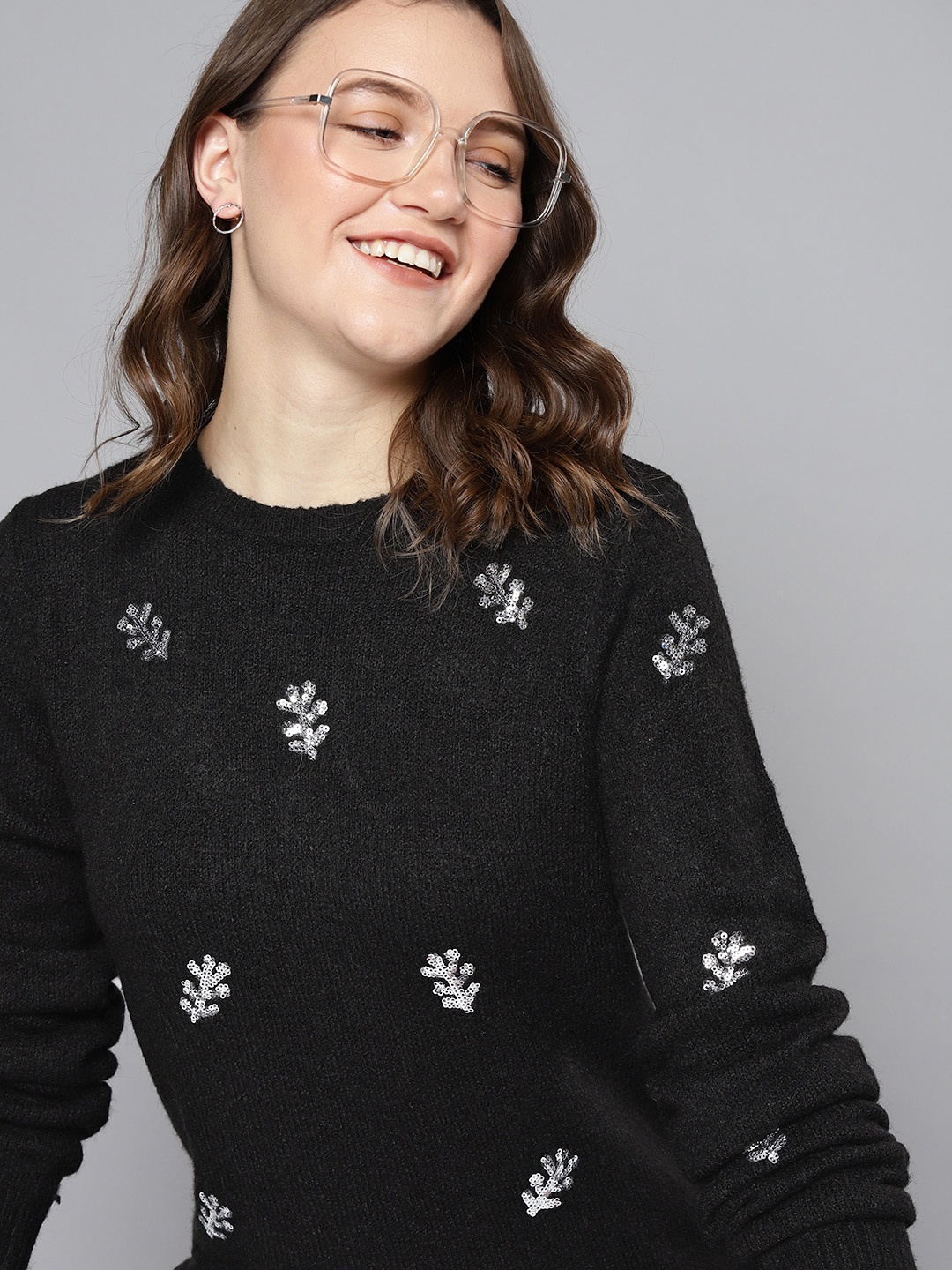 

Mast & Harbour Women Black & Silver-Toned Pullover with Embellished Detail