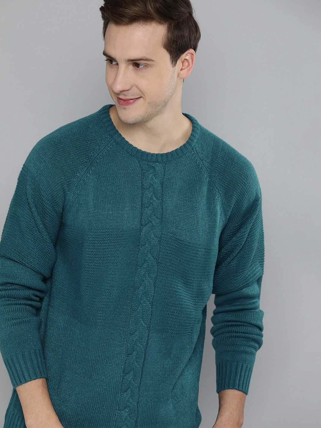 

Mast & Harbour Men Teal Blue Cable Knit Pullover Sweater
