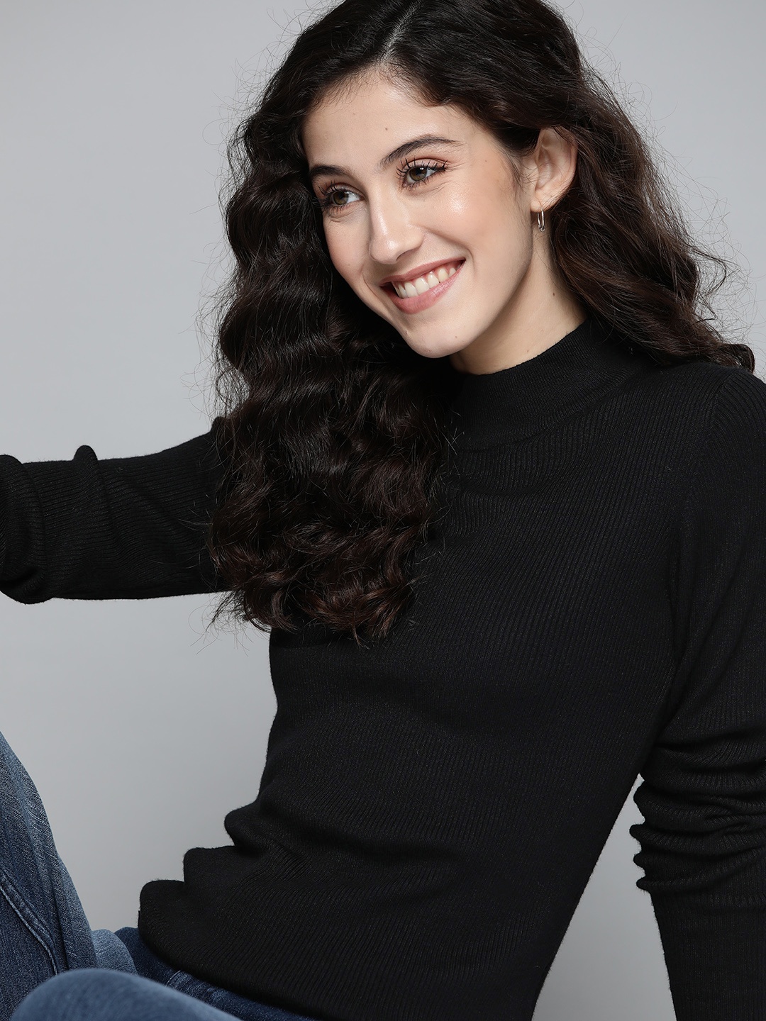 

Mast & Harbour Women Black Ribbed Pullover