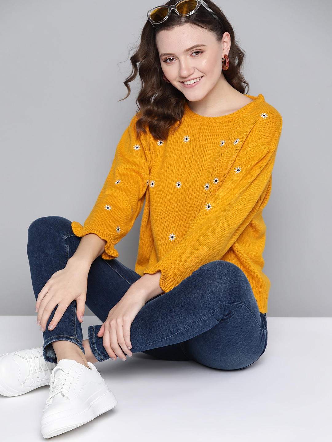 

Mast & Harbour Women Mustard Yellow Floral Pullover