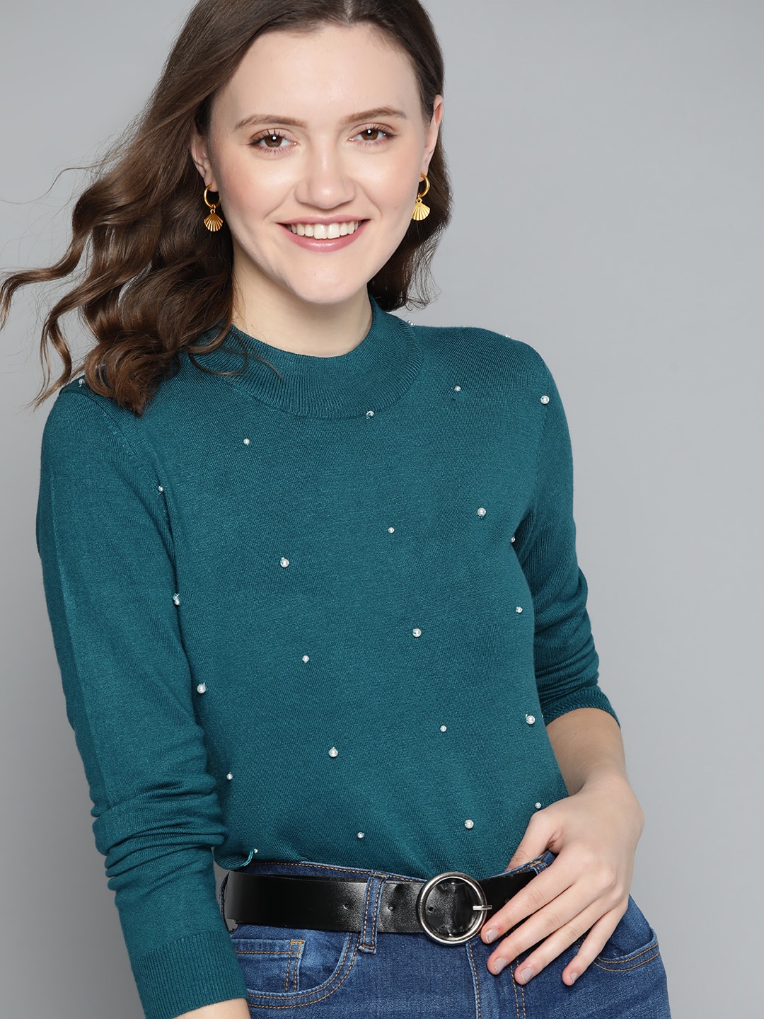 

Mast & Harbour Women Teal Green Embellished Pullover