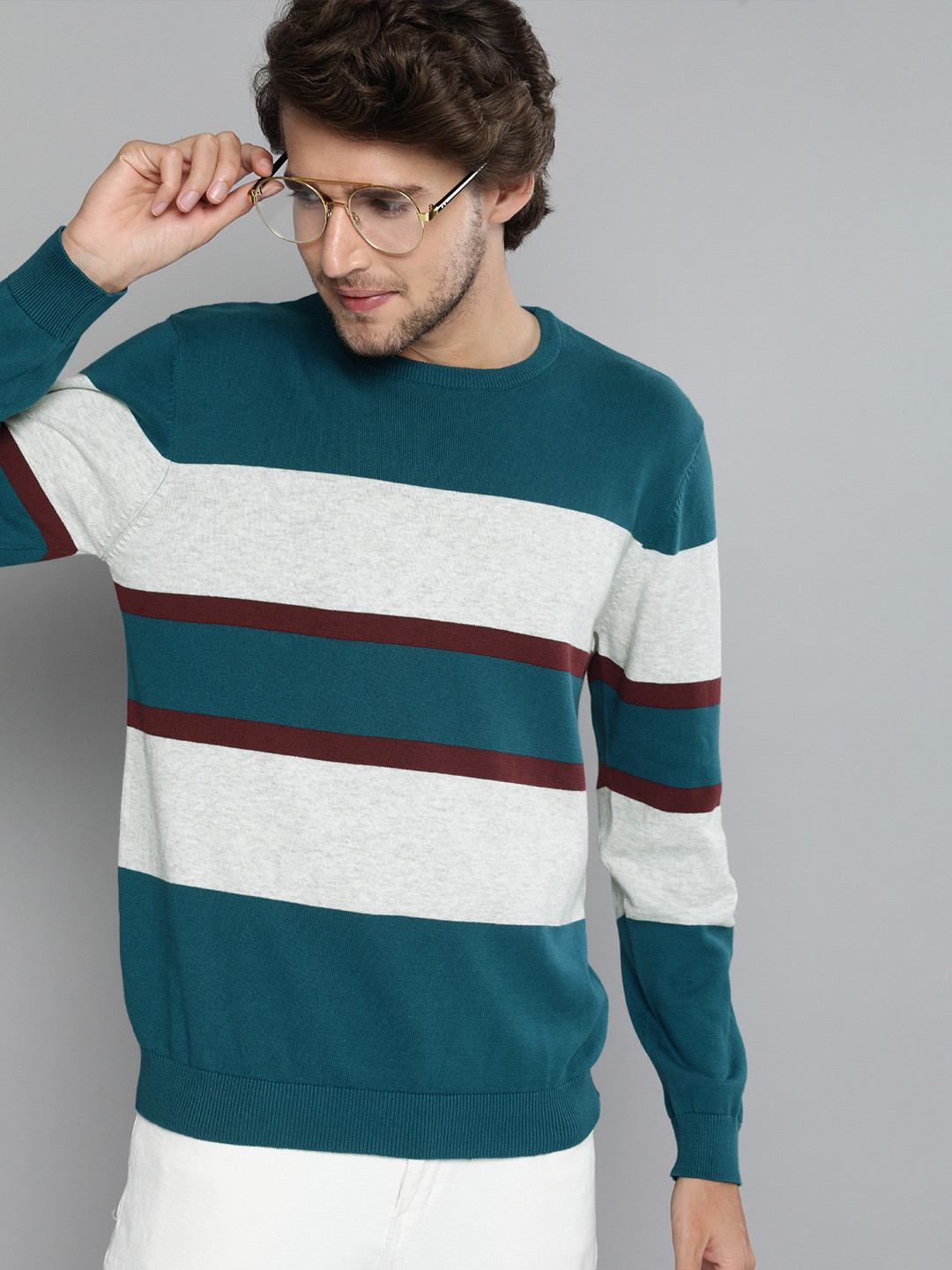 

Mast & Harbour Men Teal Blue & Grey Melange Striped Pullover Sweater