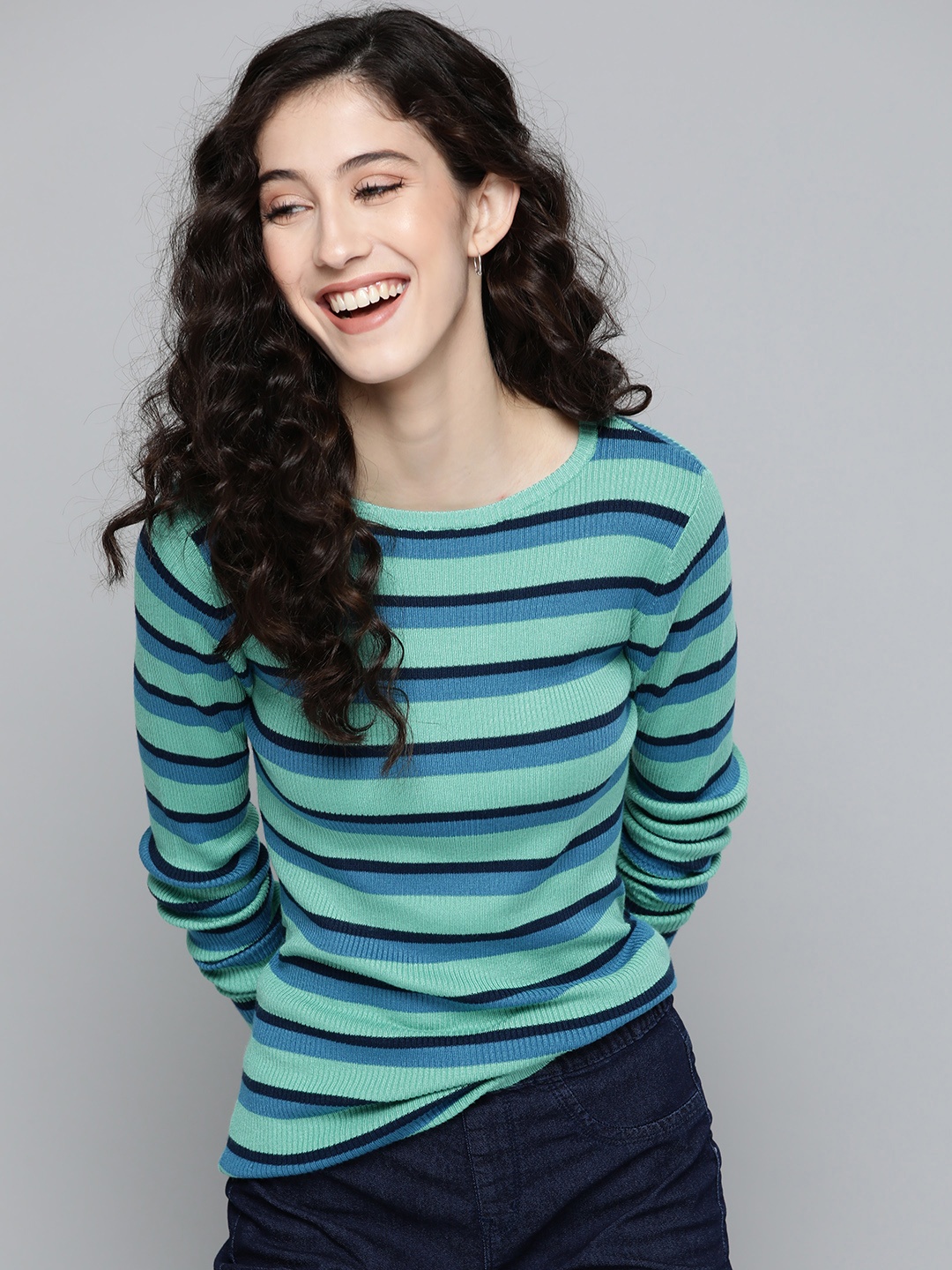 

Mast & Harbour Women Sea Green & Blue Striped Pullover