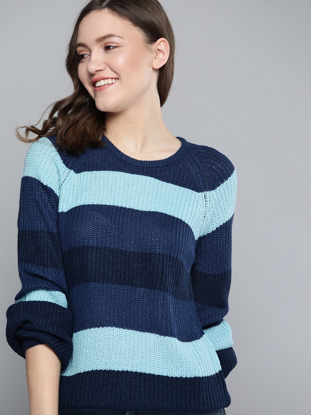 

Mast & Harbour Women Navy Blue Striped Pullover