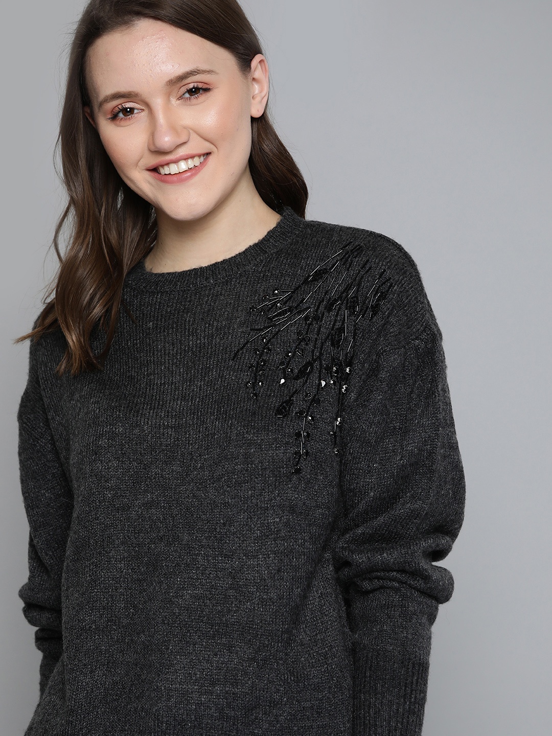 

Mast & Harbour Women Charcoal Acrylic Pullover with Embellished Detail