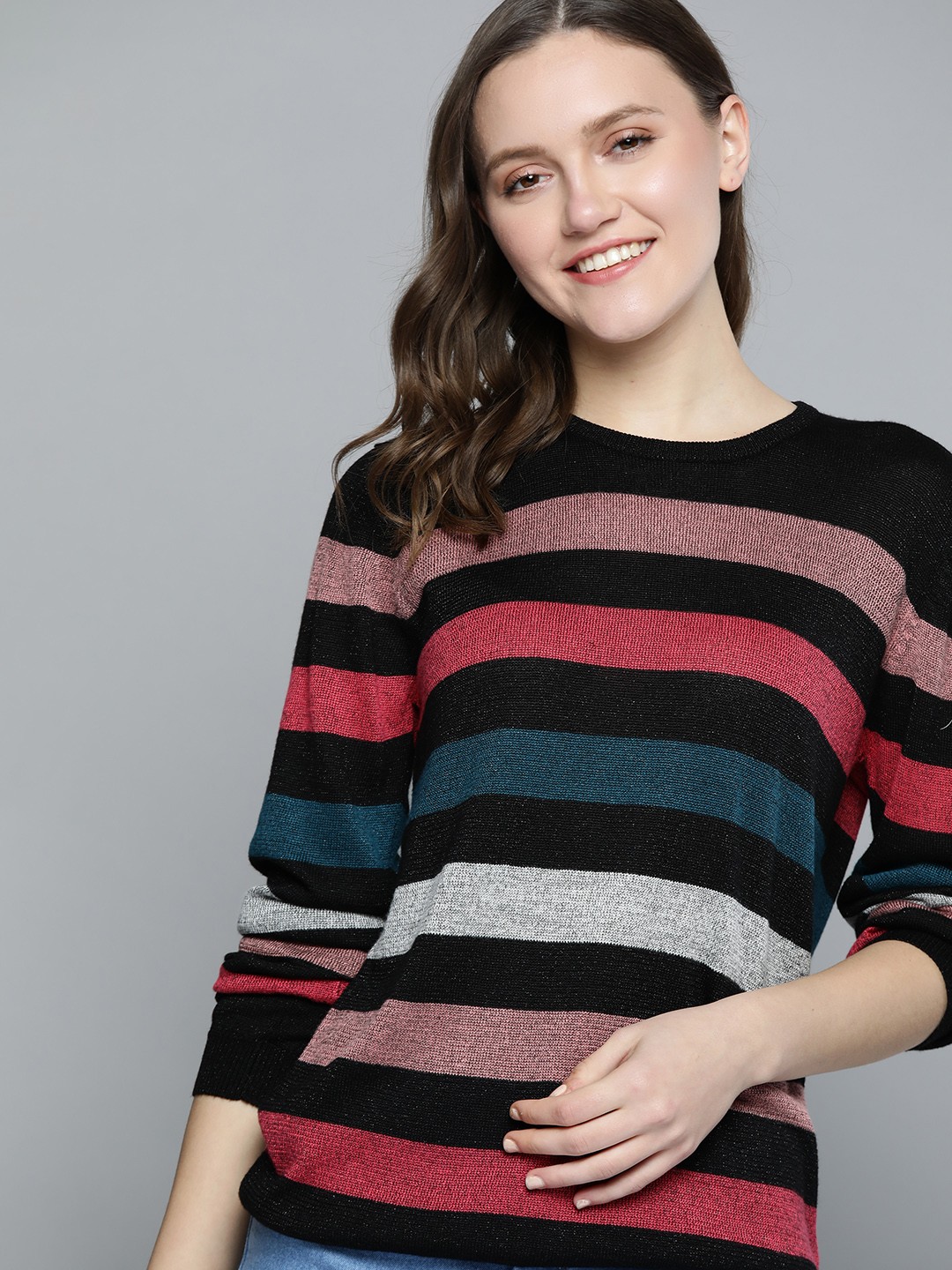 

Mast & Harbour Women Black & Pink Striped Pullover
