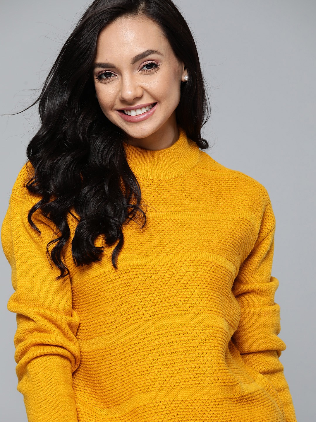 

Mast & Harbour Women Mustard Yellow Self Design Pullover