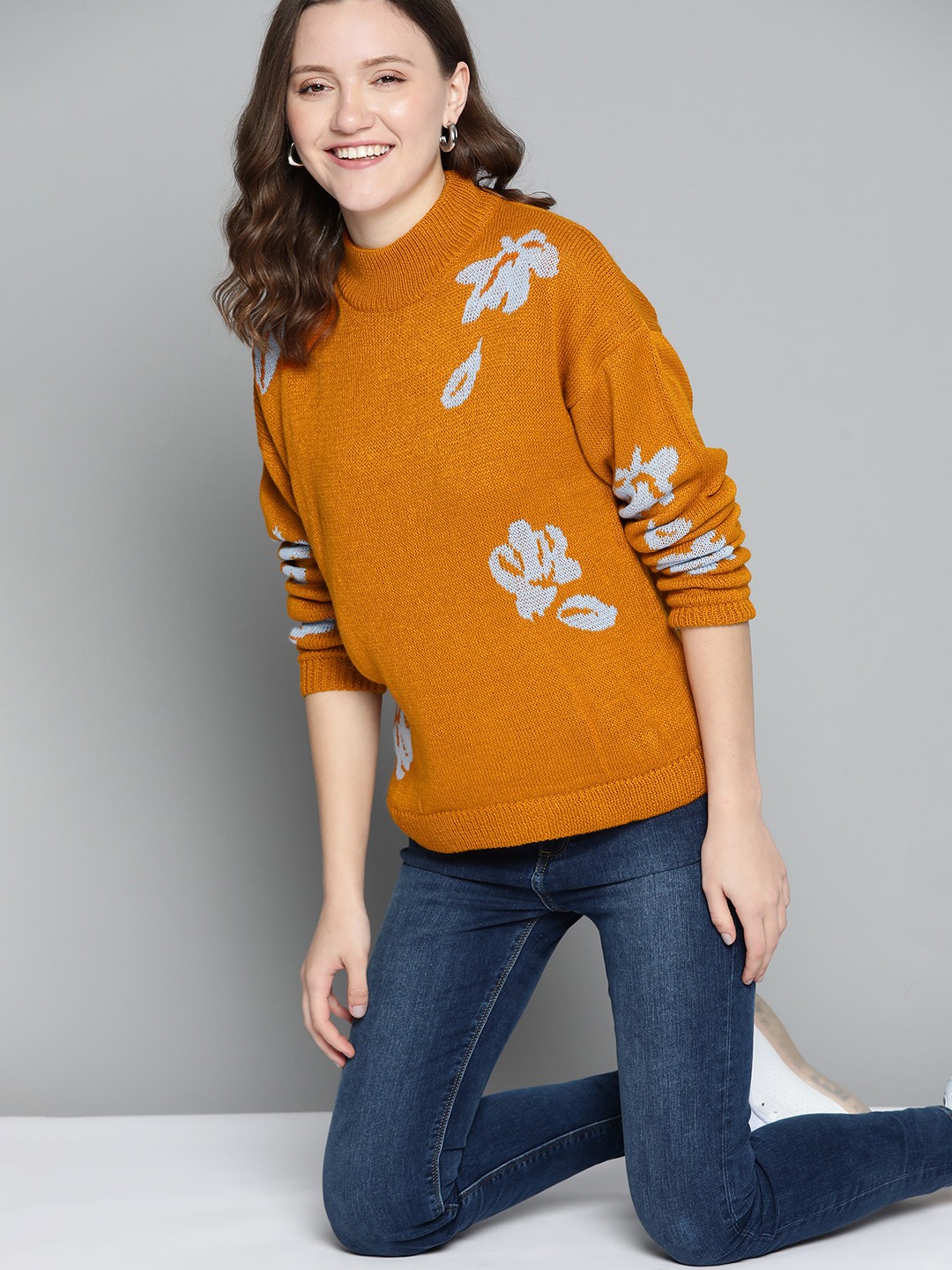 

Mast & Harbour Women Mustard Brown & Grey Solid Pullover
