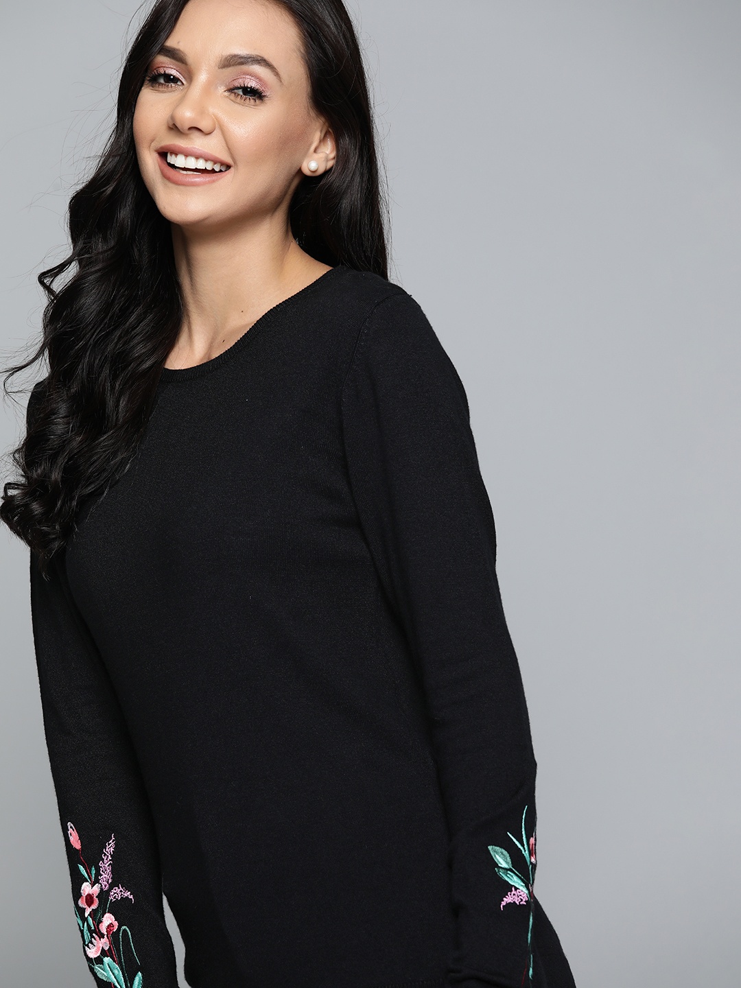 

Mast & Harbour Women Black Solid Pullover with Embroidered Detail