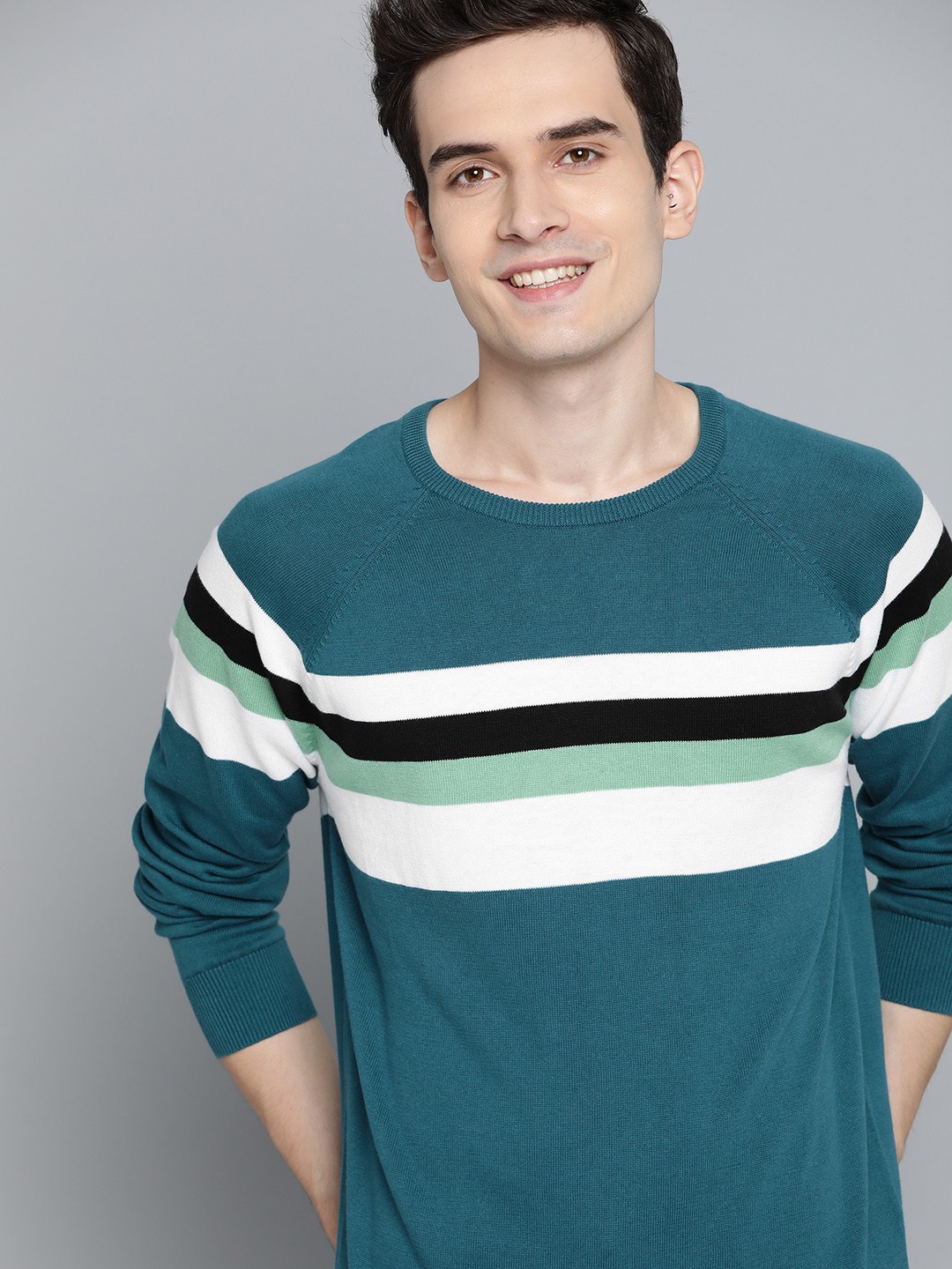 

Mast & Harbour Men Teal Blue & White Striped Cotton Pullover