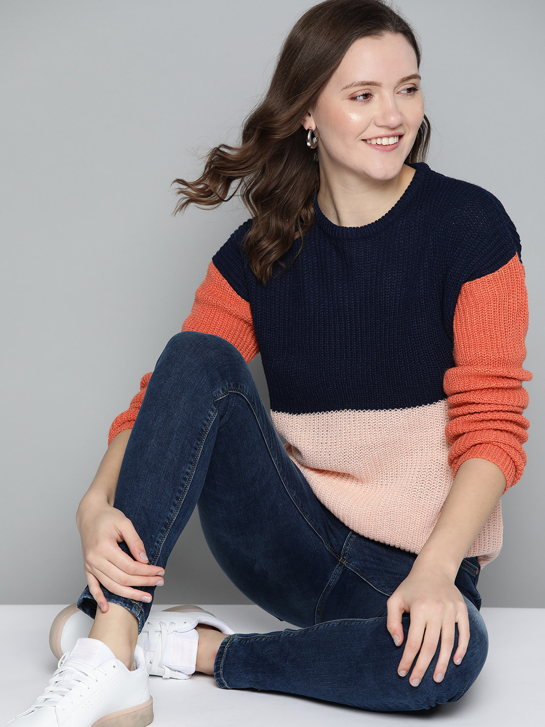 

Mast & Harbour Women Navy Blue & Peach-Coloured Colourblocked Pullover