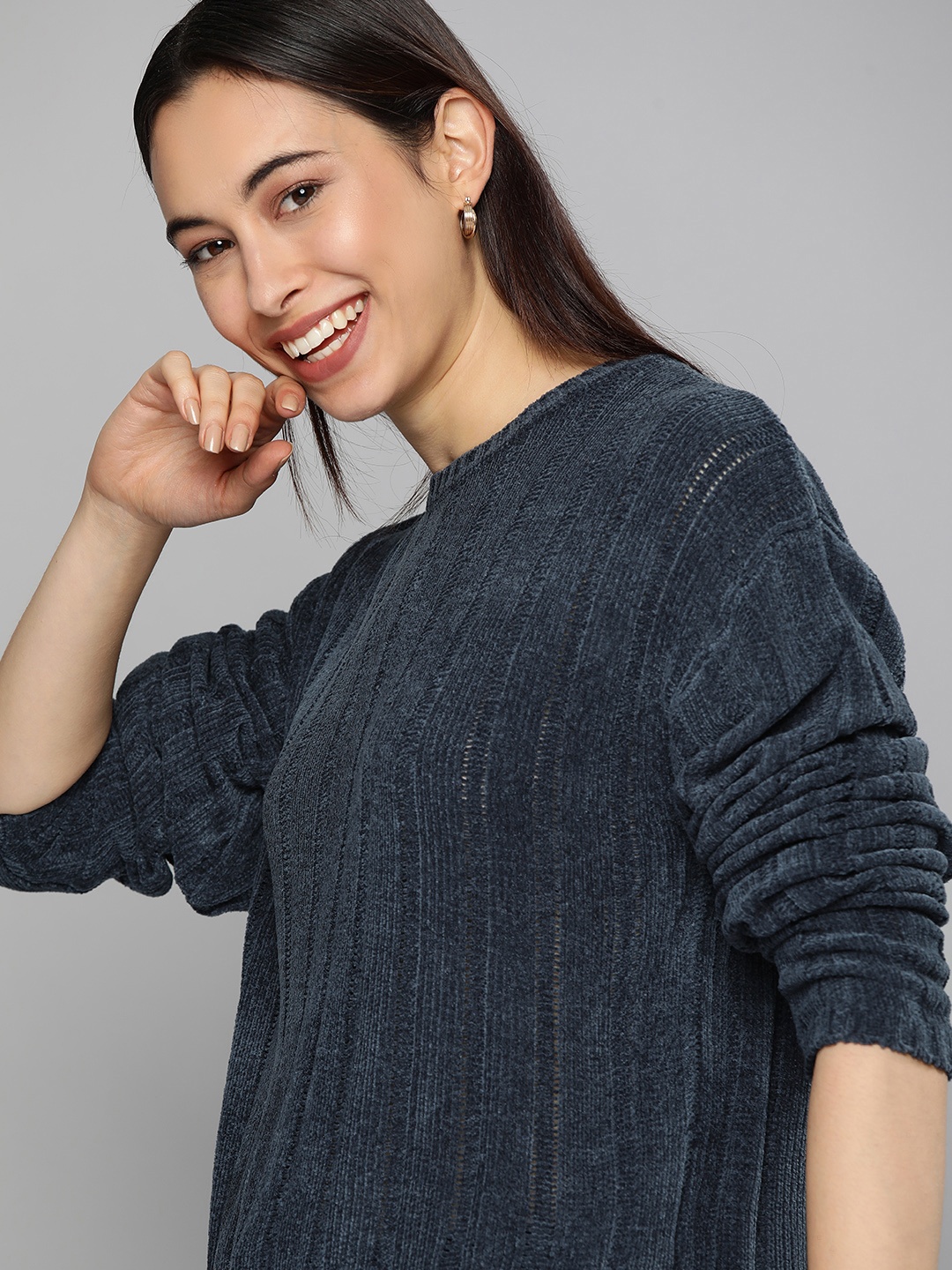 

Mast & Harbour Women Navy Blue Striped Pullover