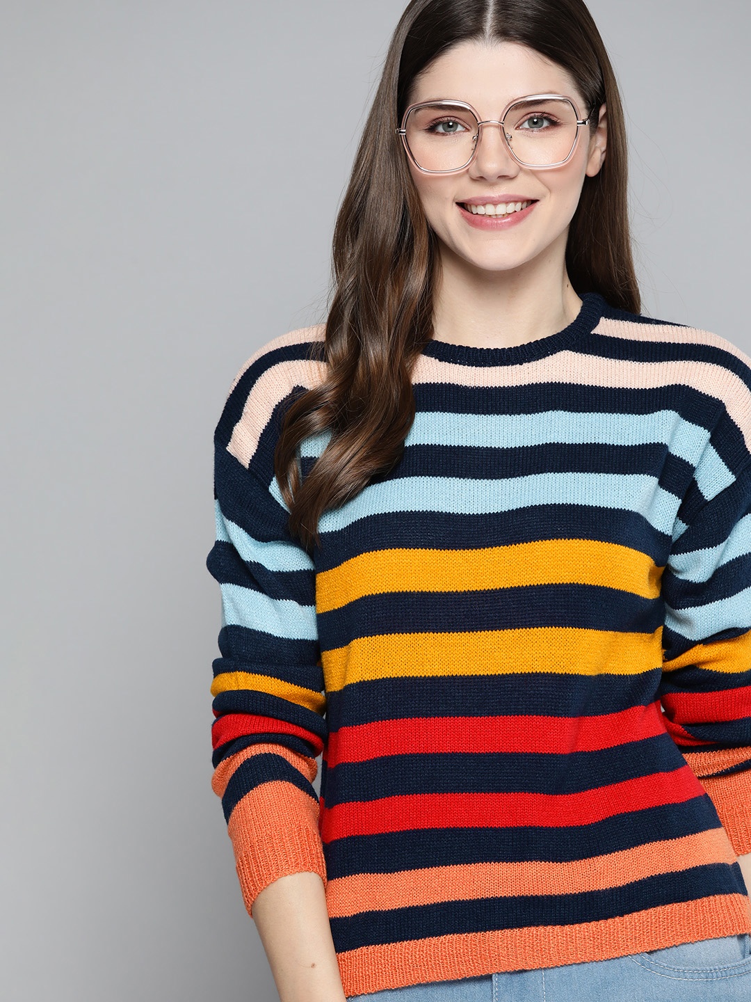 

Mast & Harbour Women Navy Blue & Mustard Yellow Striped Pullover