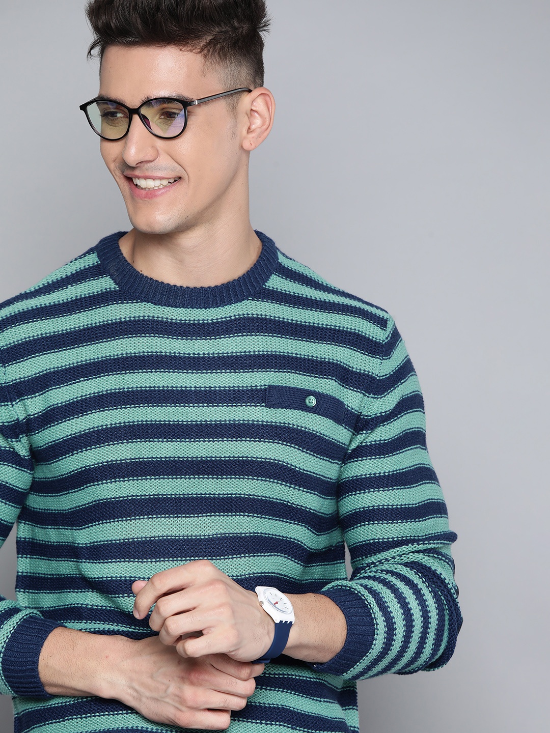 

Mast & Harbour Men Green & Navy Blue Striped Pullover