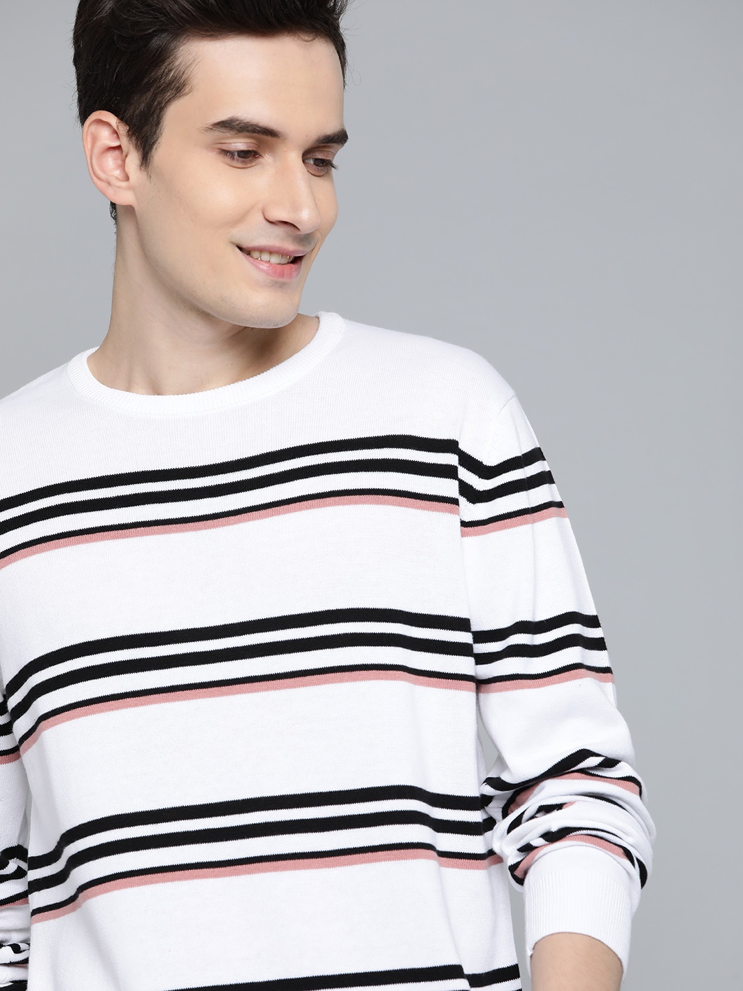 

Mast & Harbour Men White & Black Striped Pure Cotton Pullover Sweater