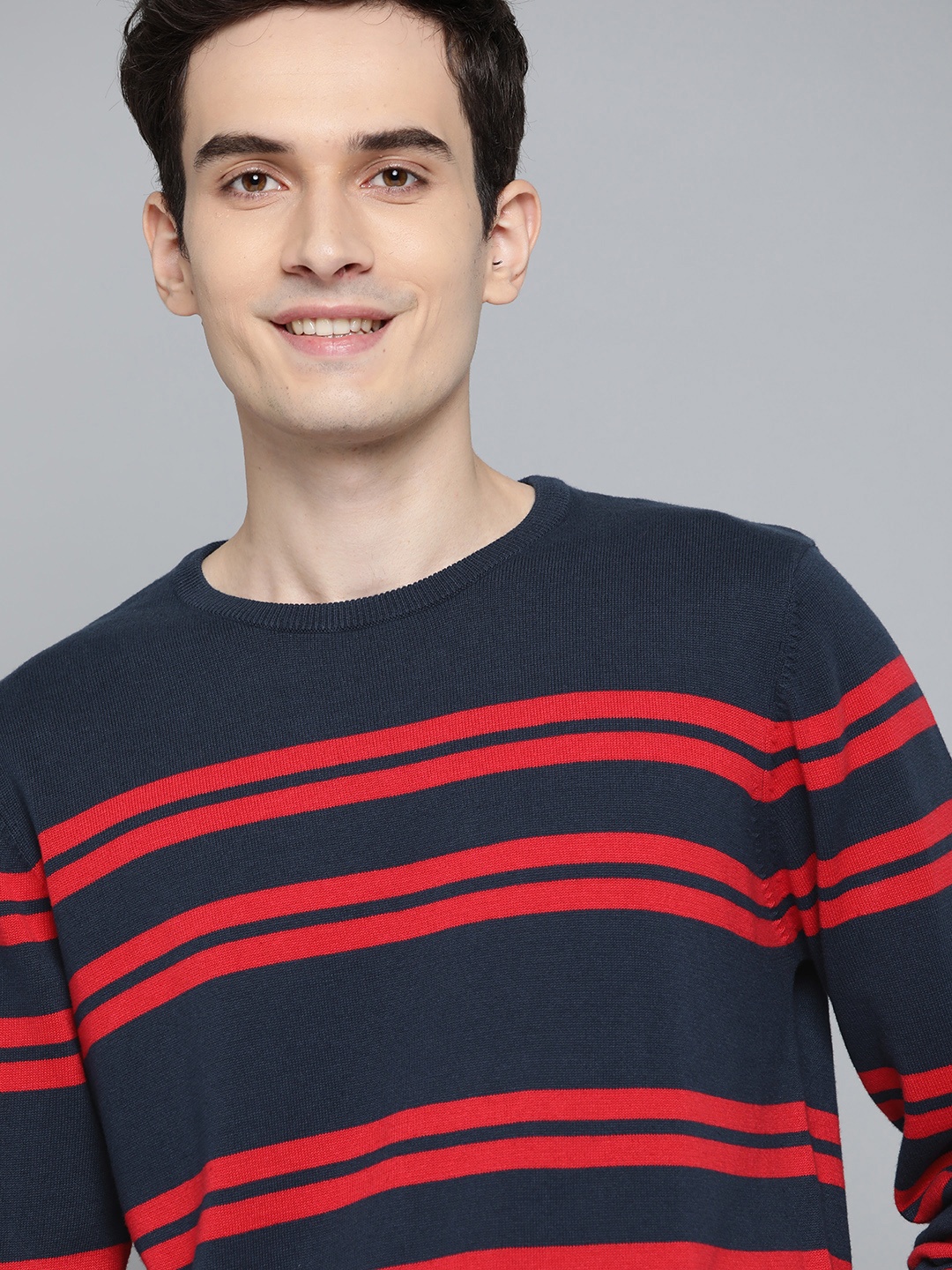 

Mast & Harbour Men Navy Blue & Red Striped Cotton Pullover