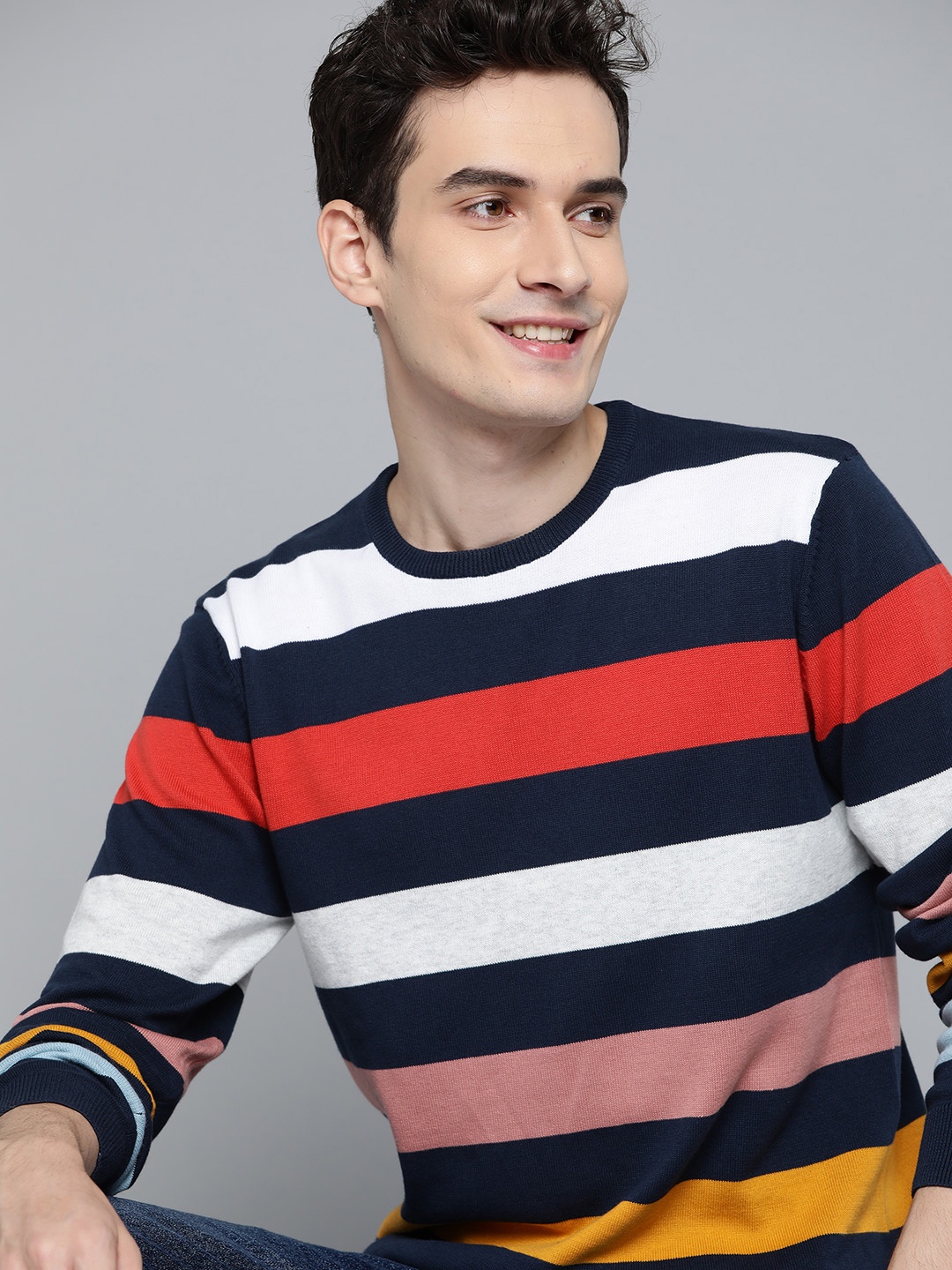 

Mast & Harbour Men Navy Blue & White Striped Cotton Pullover