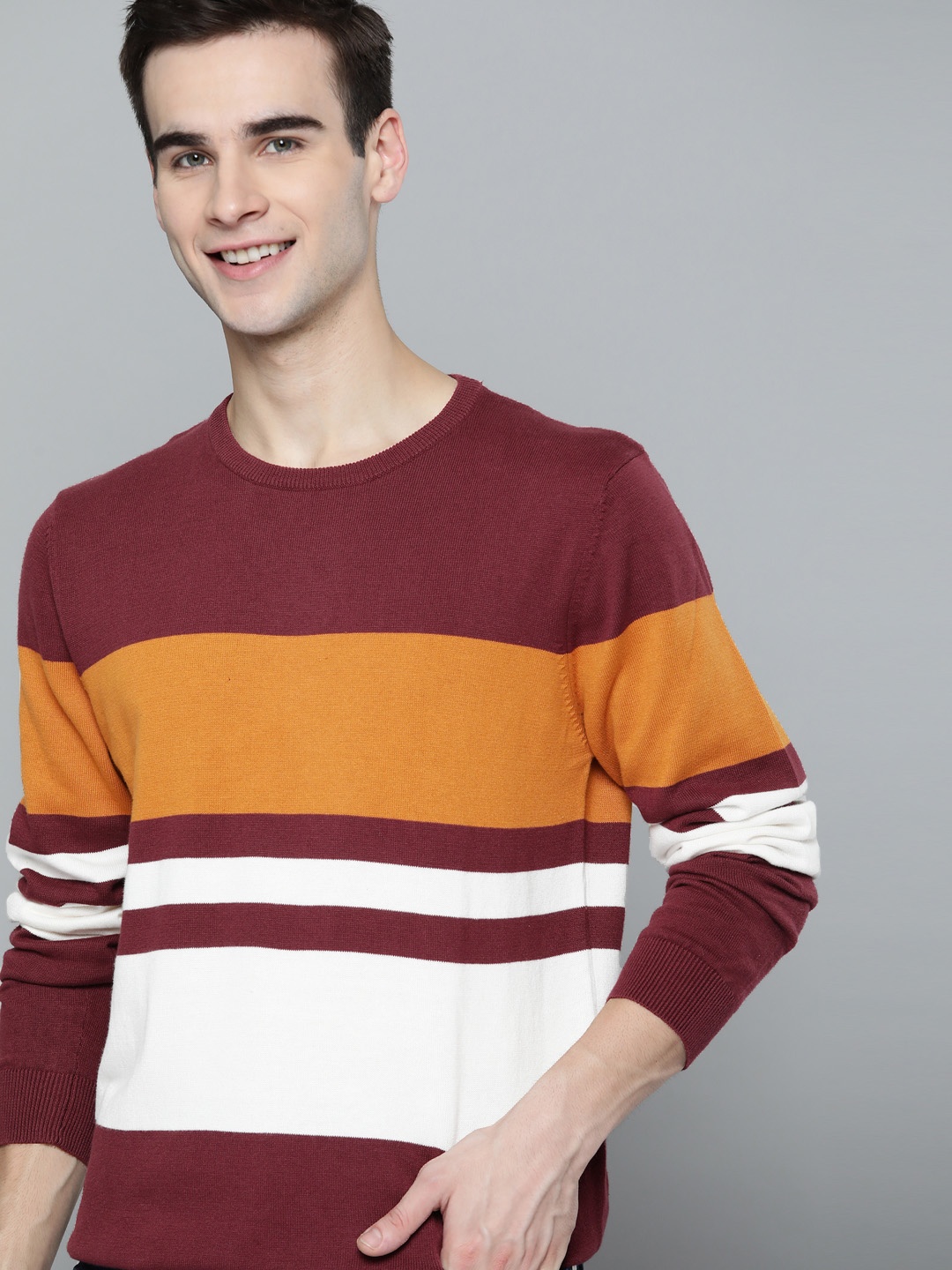 

Mast & Harbour Men Maroon & Mustard Orange Striped Cotton Pullover