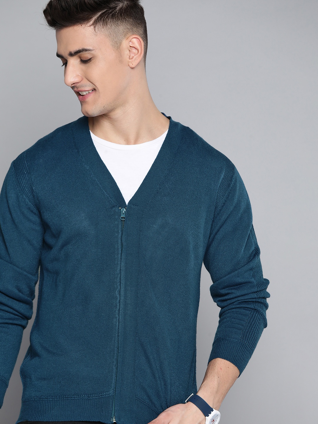 

Mast & Harbour Men Teal Blue Solid Cardigan