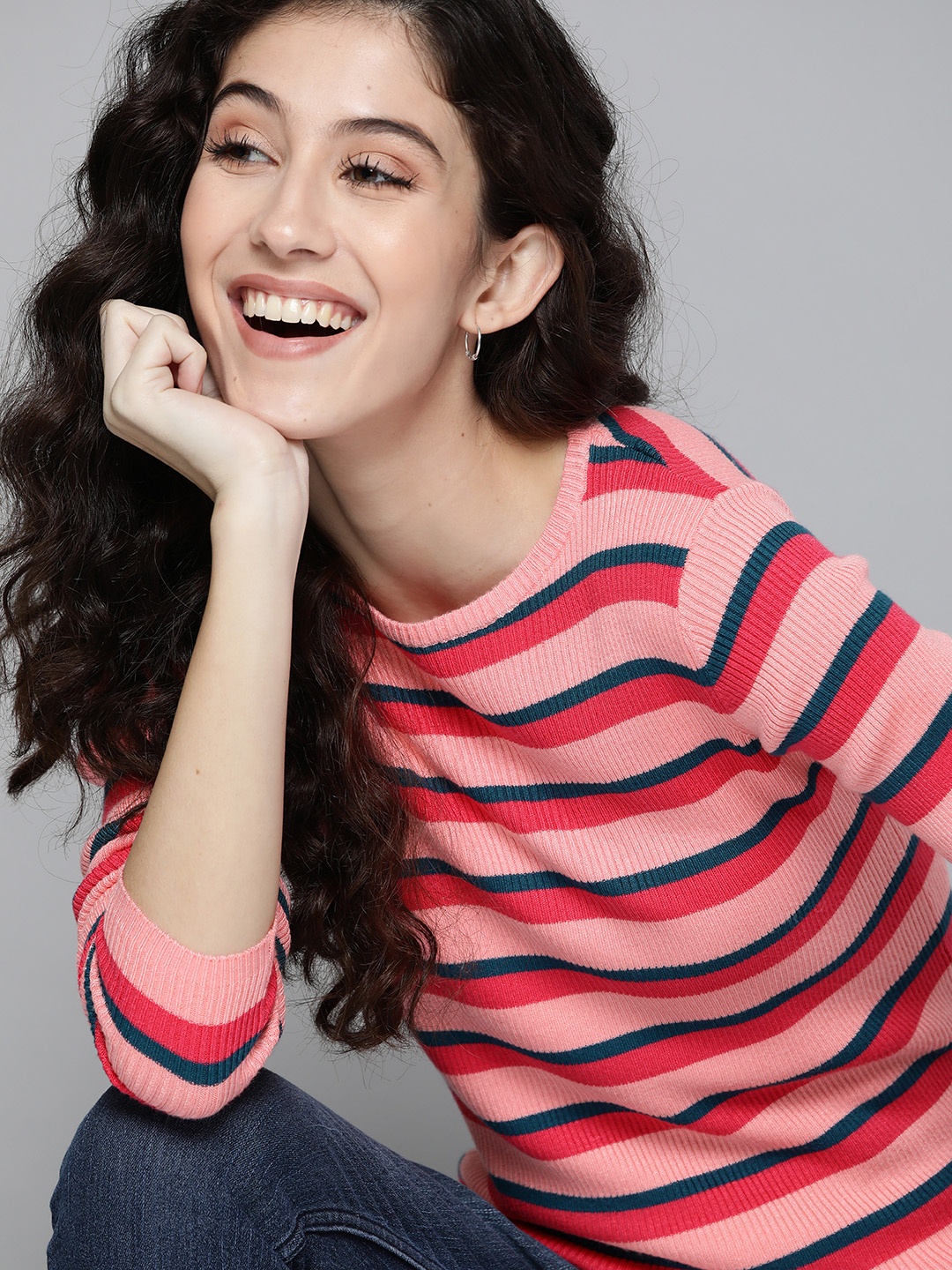 

Mast & Harbour Women Pink & Teal Green Striped Pullover
