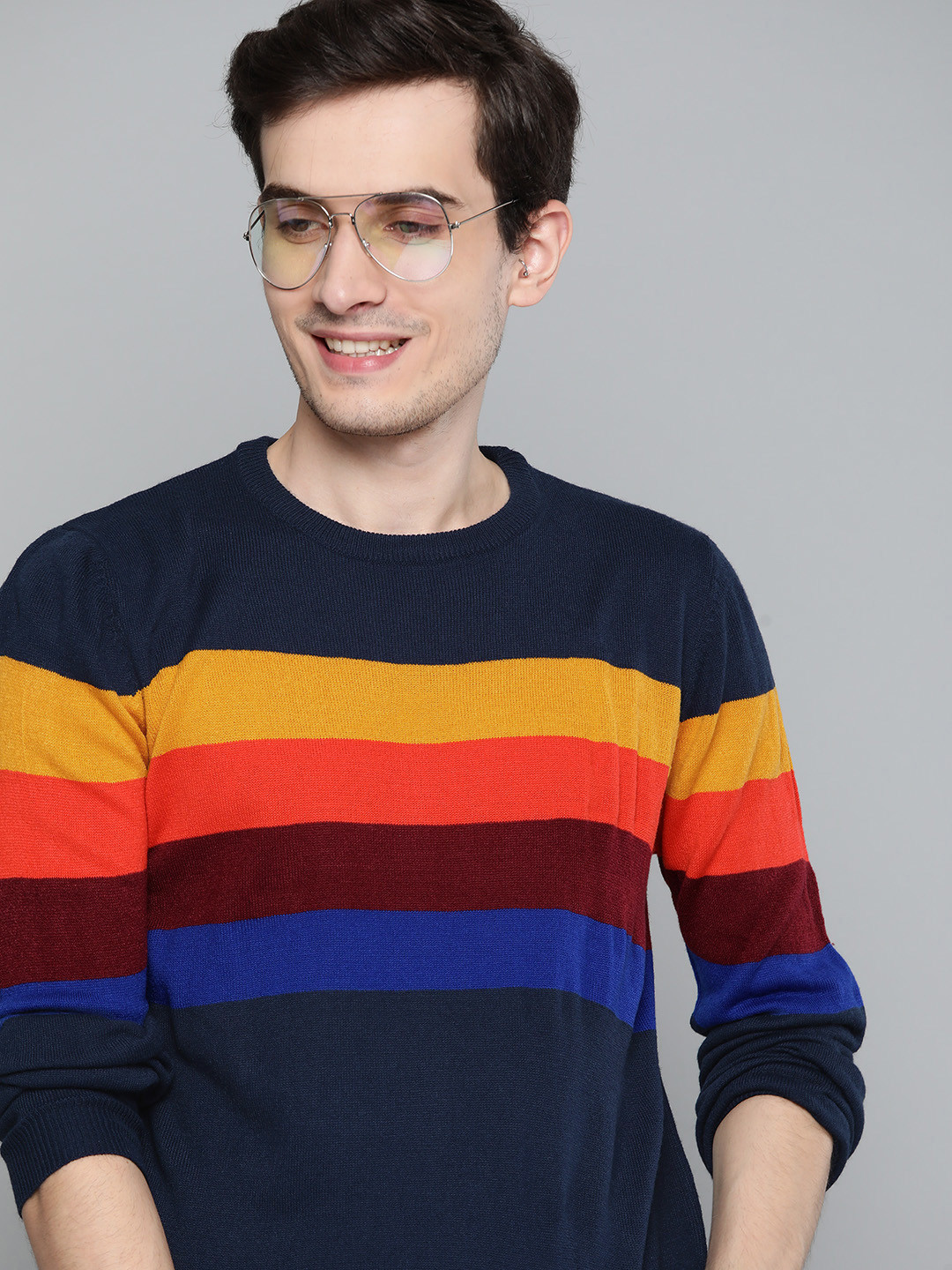 

Mast & Harbour Men Black & Red Striped Pullover Sweater