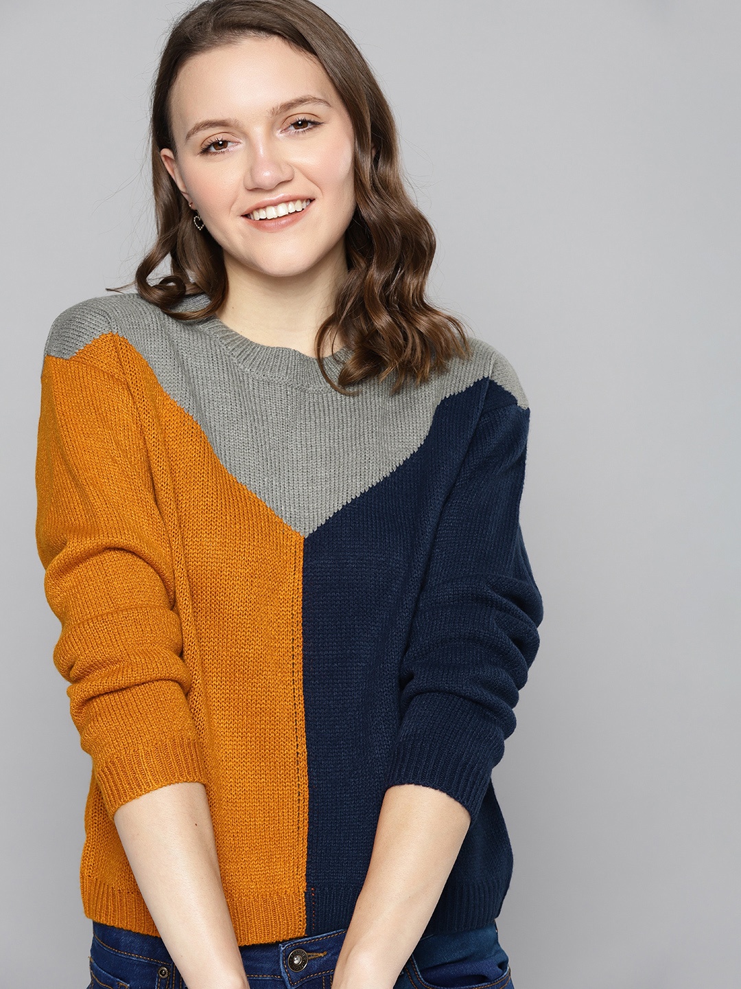 

Mast & Harbour Women Mustard & Navy Blue Colourblocked Pullover