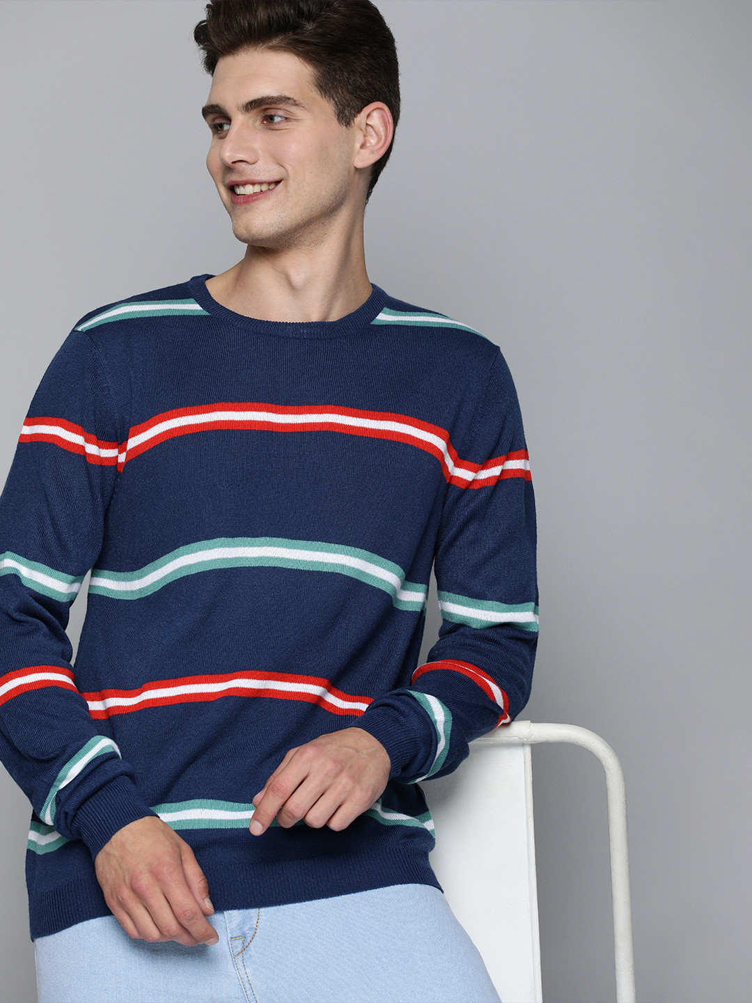 

Mast & Harbour Men Navy Blue & Pink Colourblocked Printed Pullover