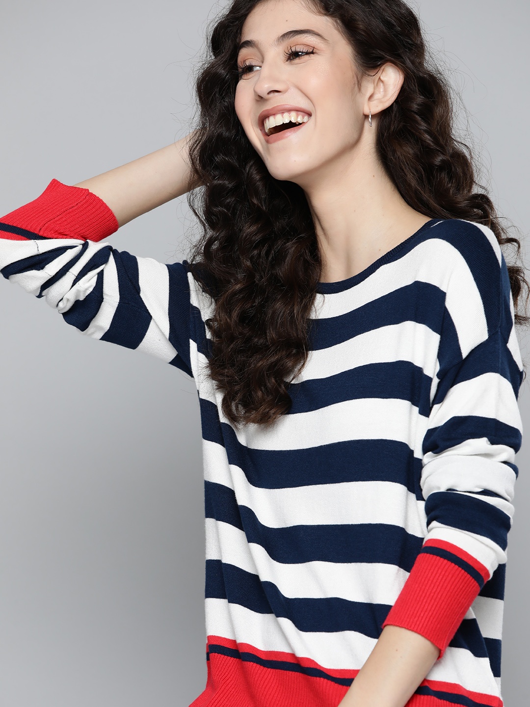 

Mast & Harbour Women Navy Blue & White Striped Pullover