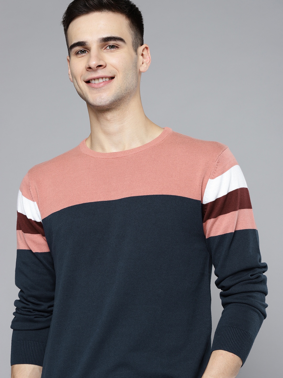 

Mast & Harbour Men Pink & Teal Blue Colourblocked Pure Cotton Pullover Sweater