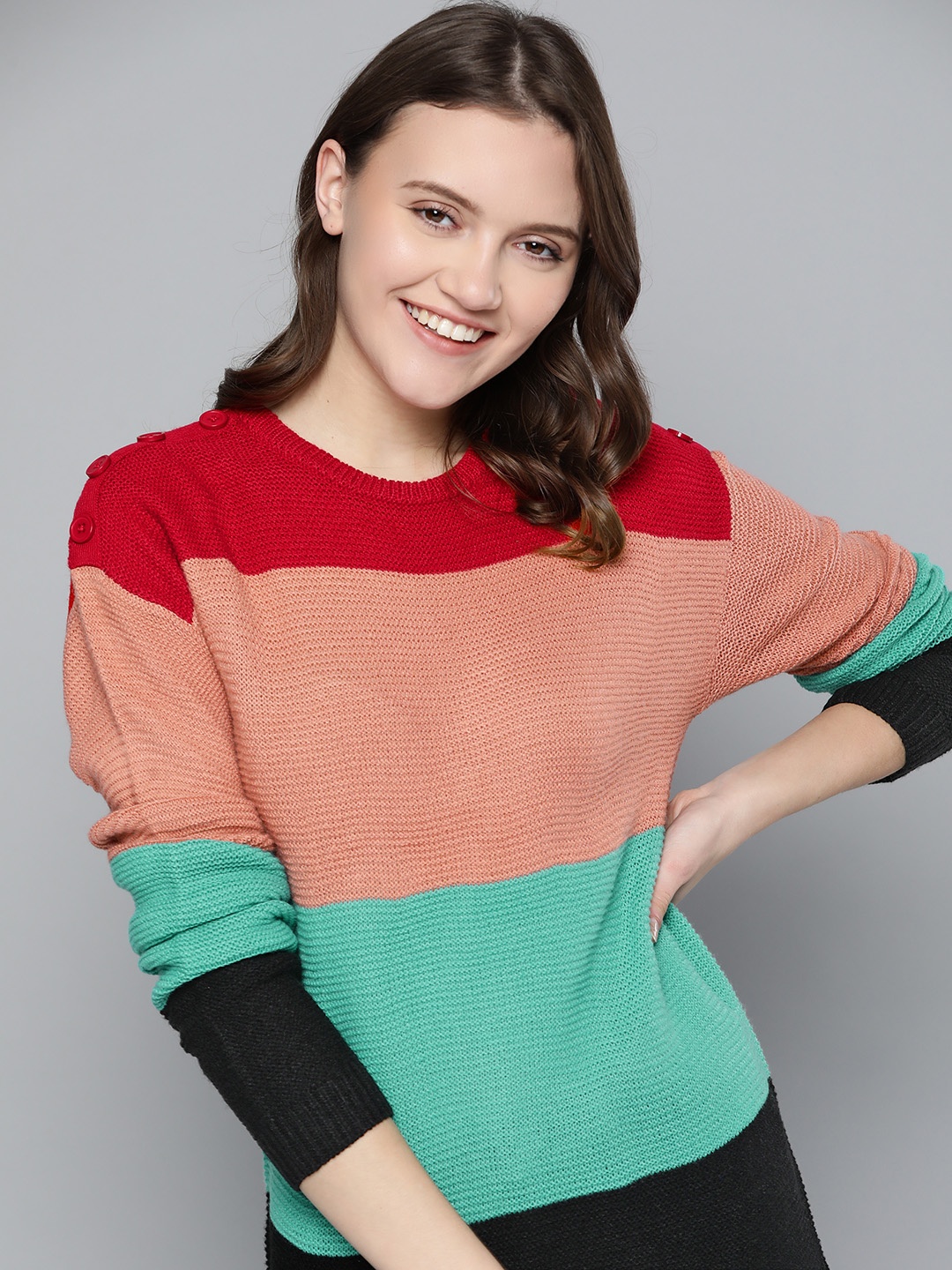 

Mast & Harbour Women Green & Pink Colourblocked Pullover