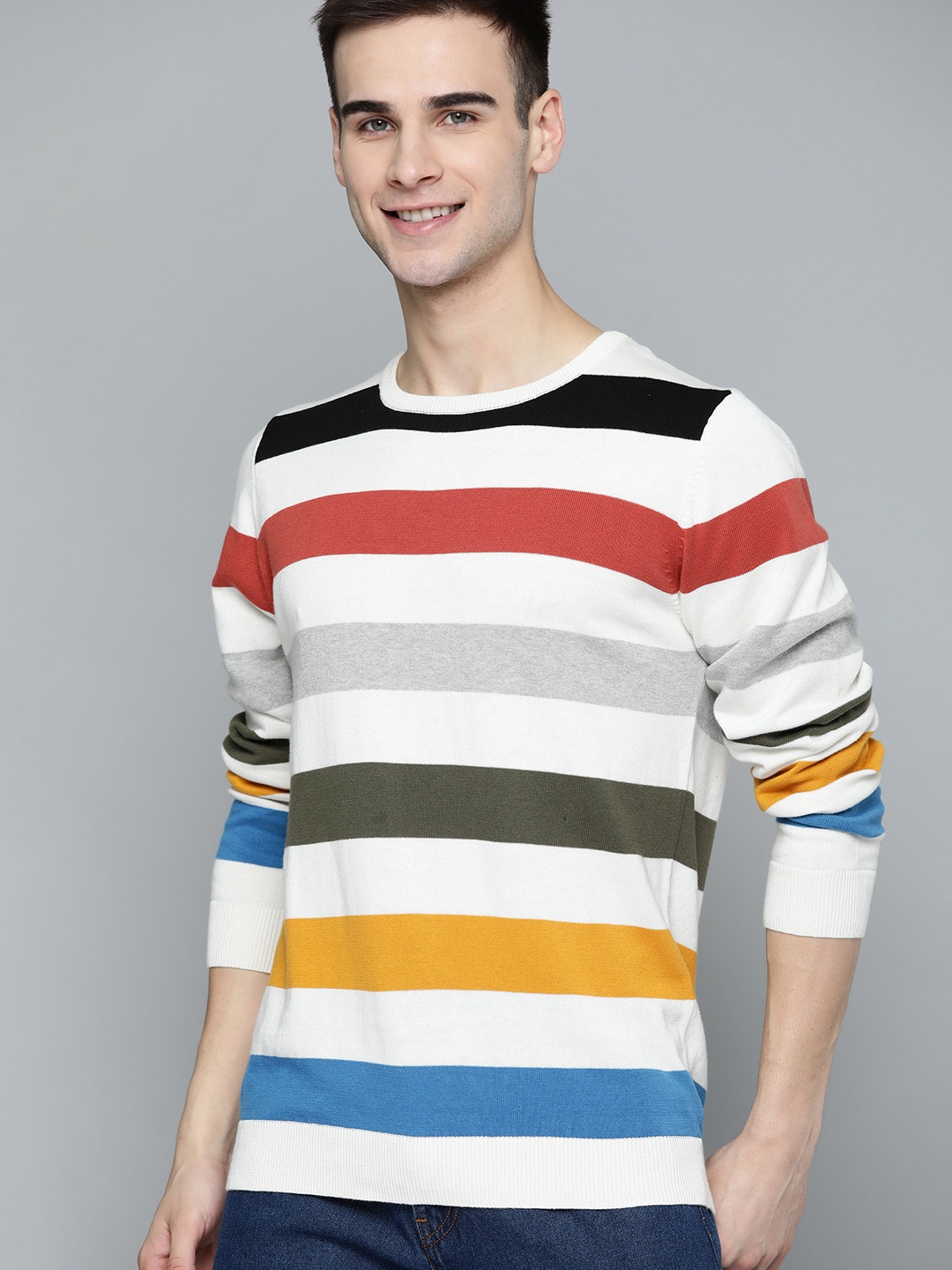 

Mast & Harbour Men White & Black Striped Pure Cotton Pullover Sweater