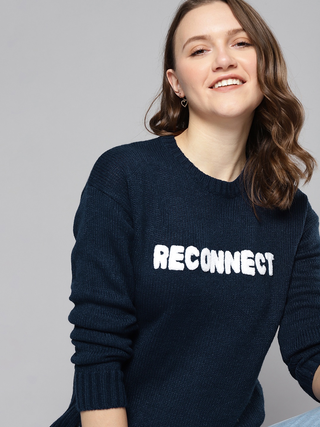 

Mast & Harbour Women Navy Blue & White Typography Pullover with Applique Detail