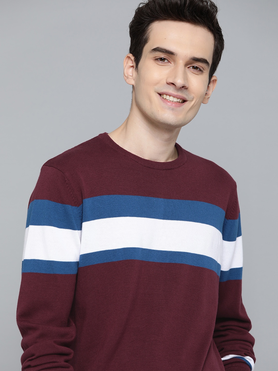 

Mast & Harbour Men Burgundy & White Striped Pure Cotton Pullover Sweater