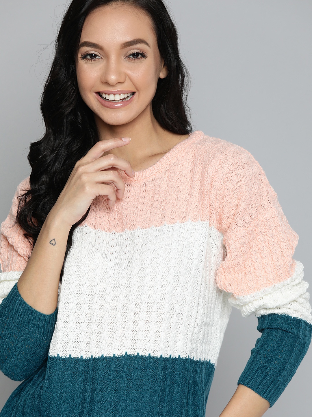 

Mast & Harbour Women Peach-Coloured & White Colourblocked Pullover