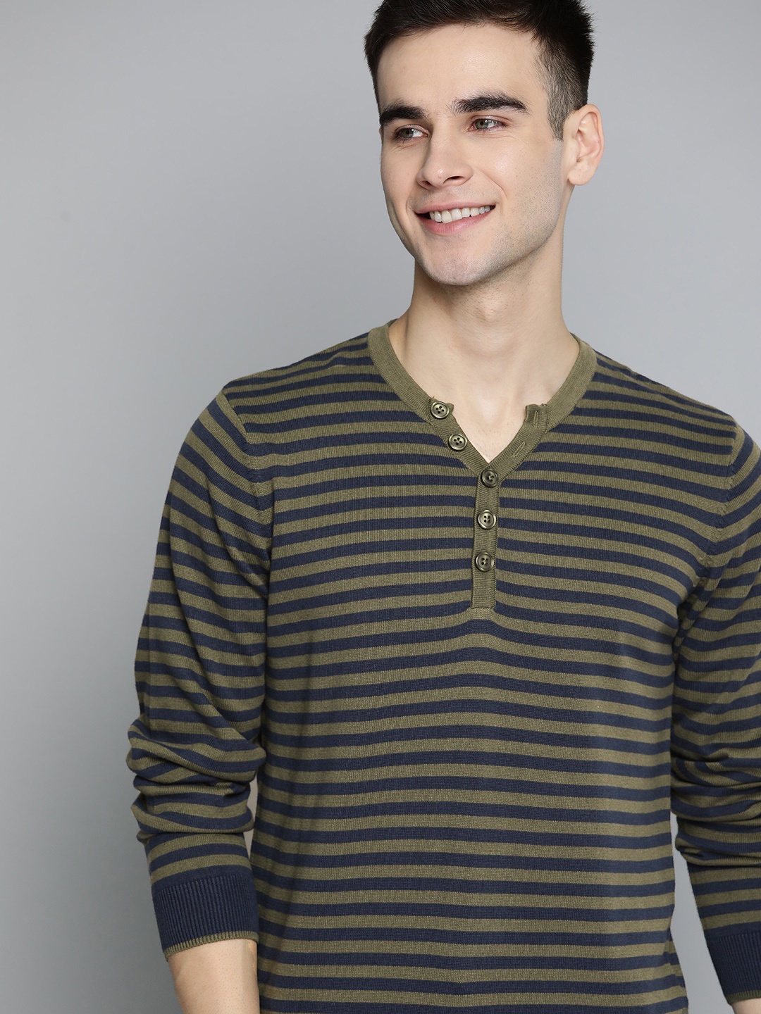 

Mast & Harbour Men Olive Green & Navy Blue Striped Cotton Pullover