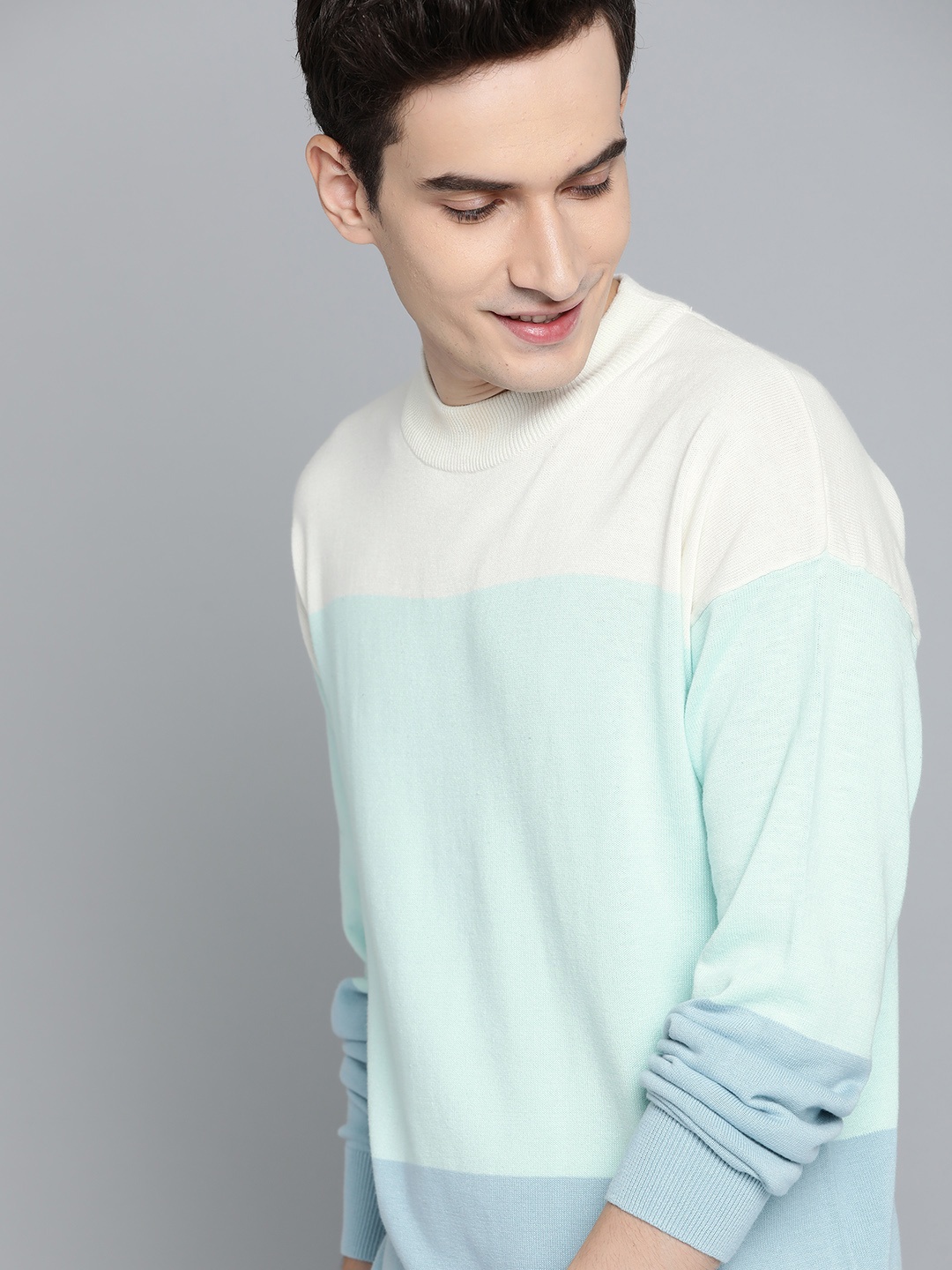 

Mast & Harbour Men Green & White Colourblocked Cotton Pullover