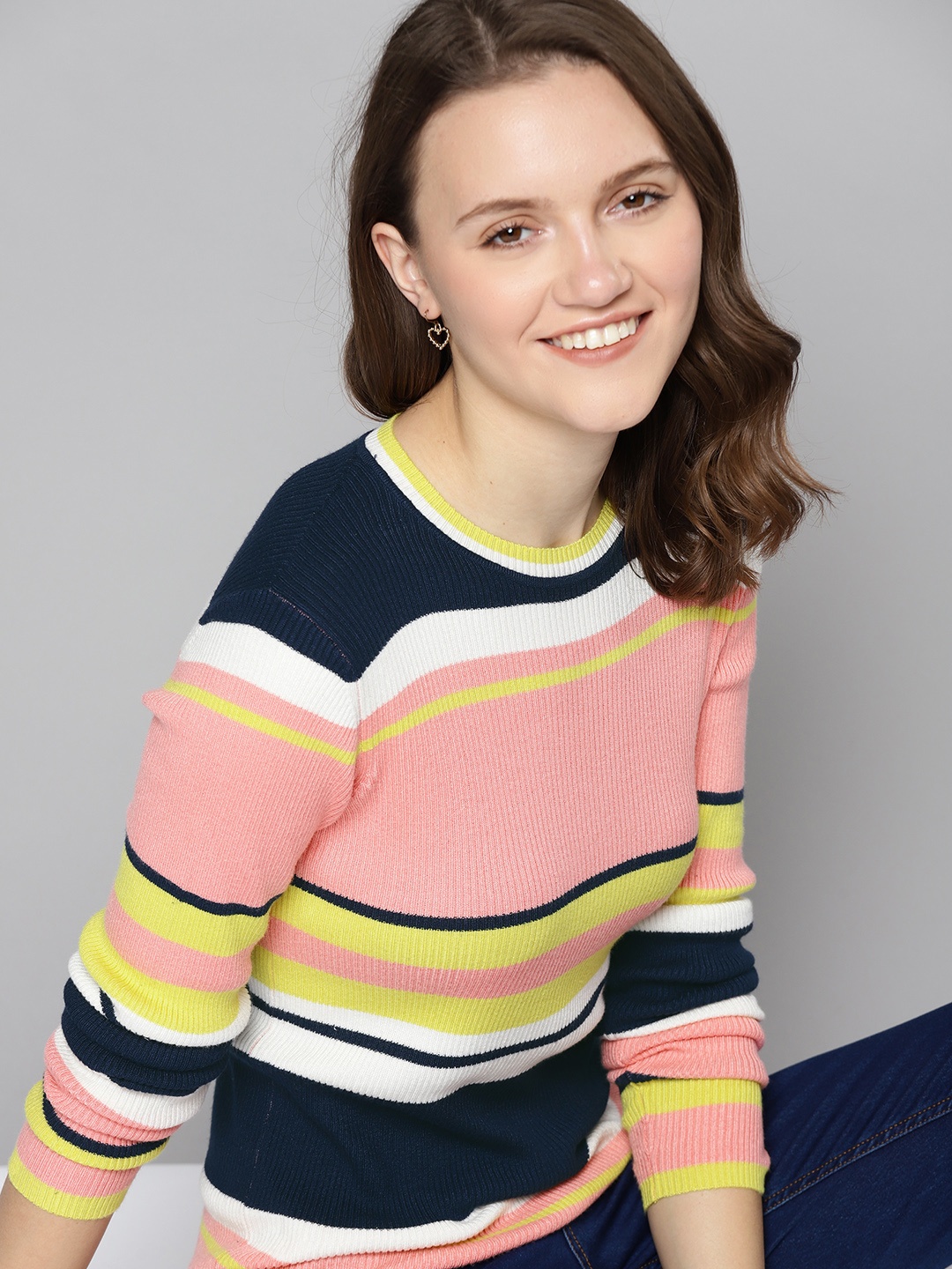 

Mast & Harbour Women Pink & Navy Blue Striped Pullover