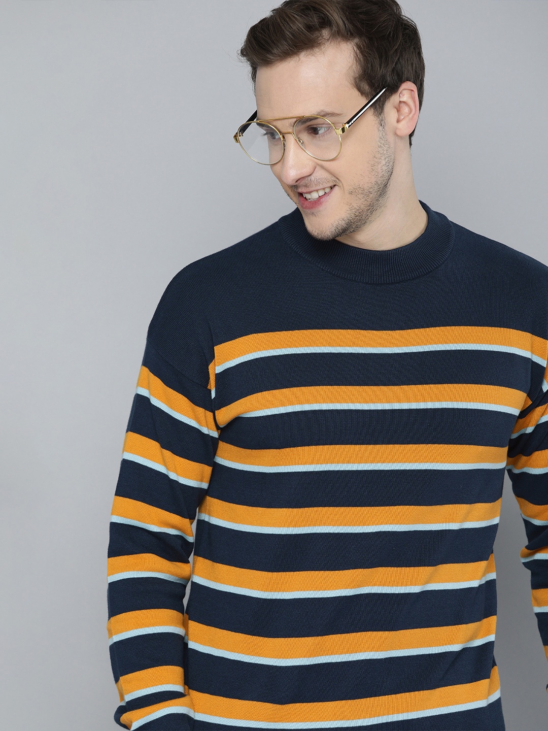 

Mast & Harbour Men Navy Blue & Mustard Striped Pullover