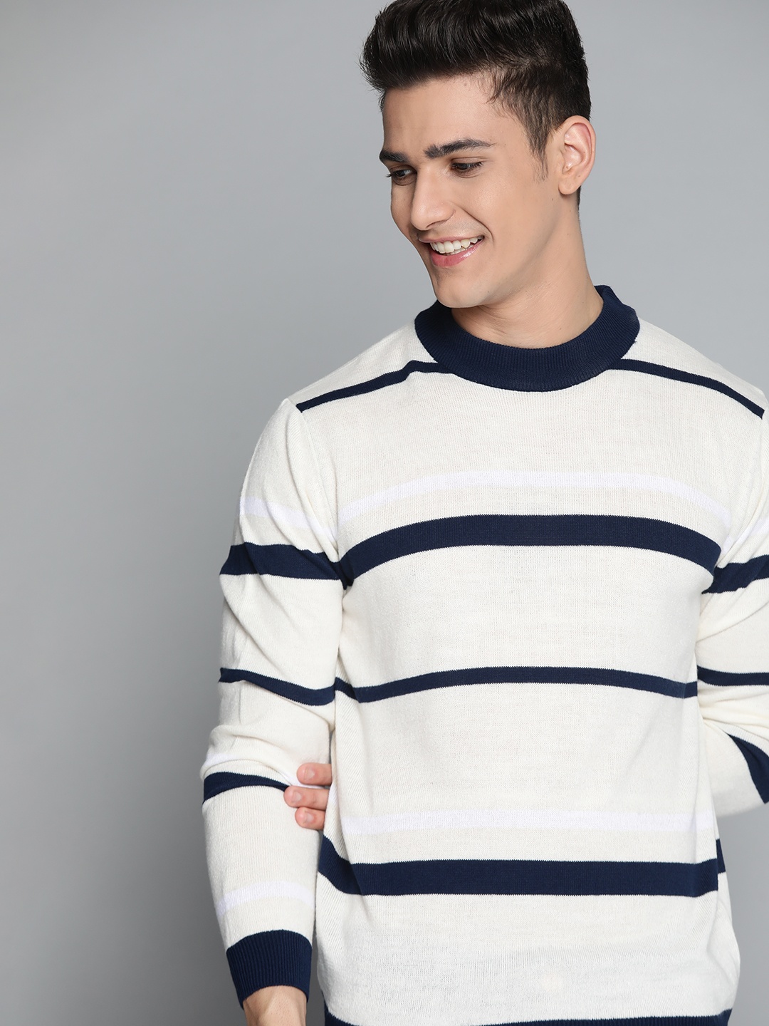 

Mast & Harbour Men Off-White & Navy Blue Striped Pullover