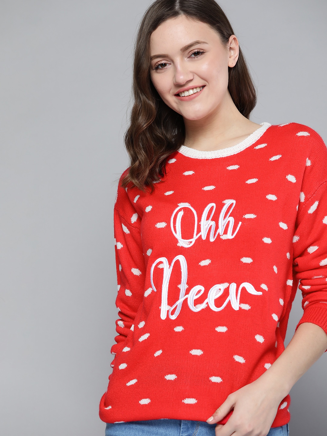 

Mast & Harbour Women Red & White Embroidered Printed Pullover