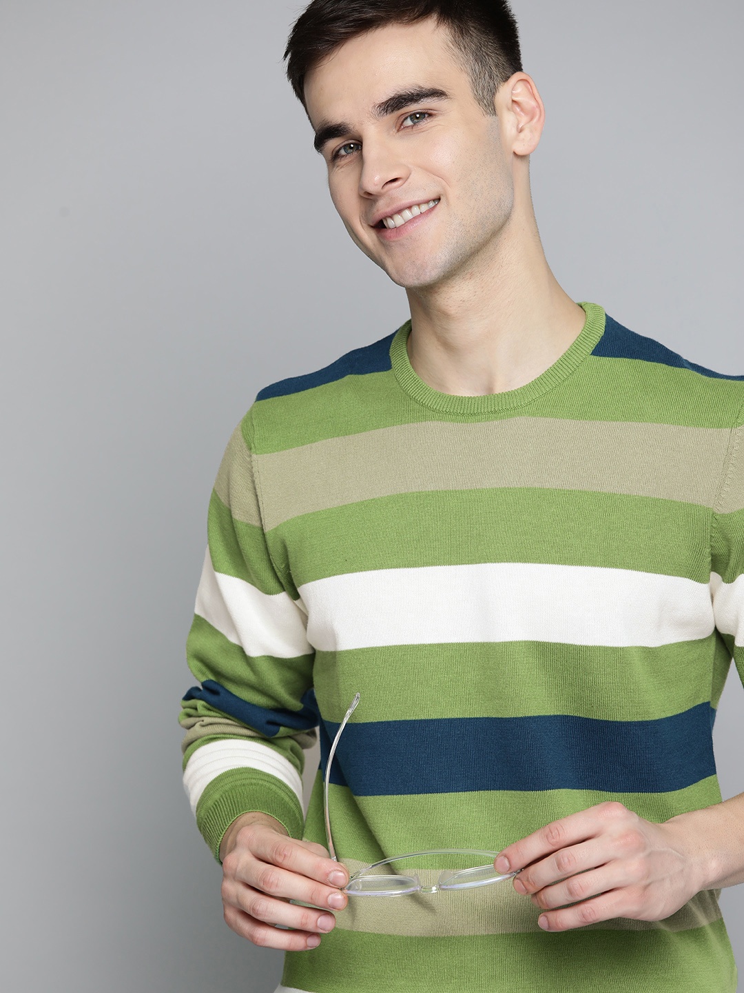 

Mast & Harbour Men Green & White Striped Cotton Pullover