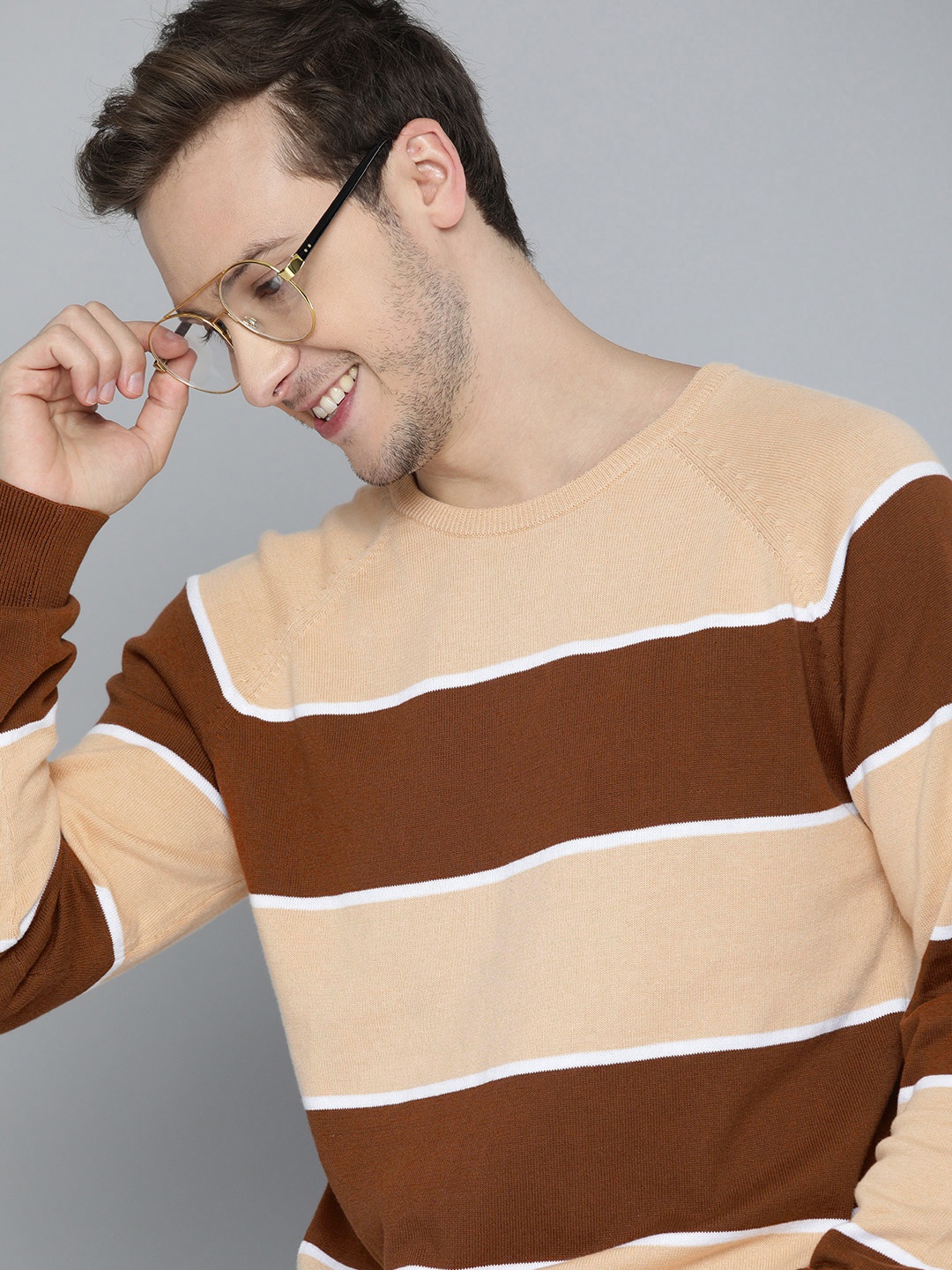 

Mast & Harbour Men Peach & Coffee Brown-Coloured Striped Pullover