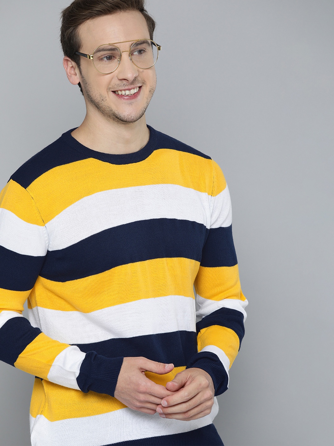 

Mast & Harbour Men Yellow & Navy Blue Round-Neck Striped Pullover