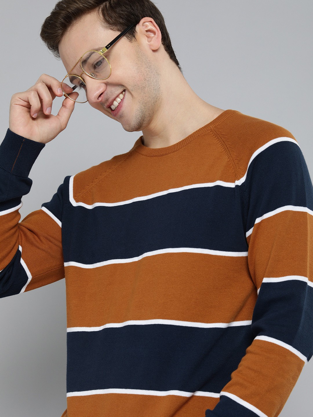 

Mast & Harbour Men Multicoloured & Coffee Brown Striped Pullover, Multi
