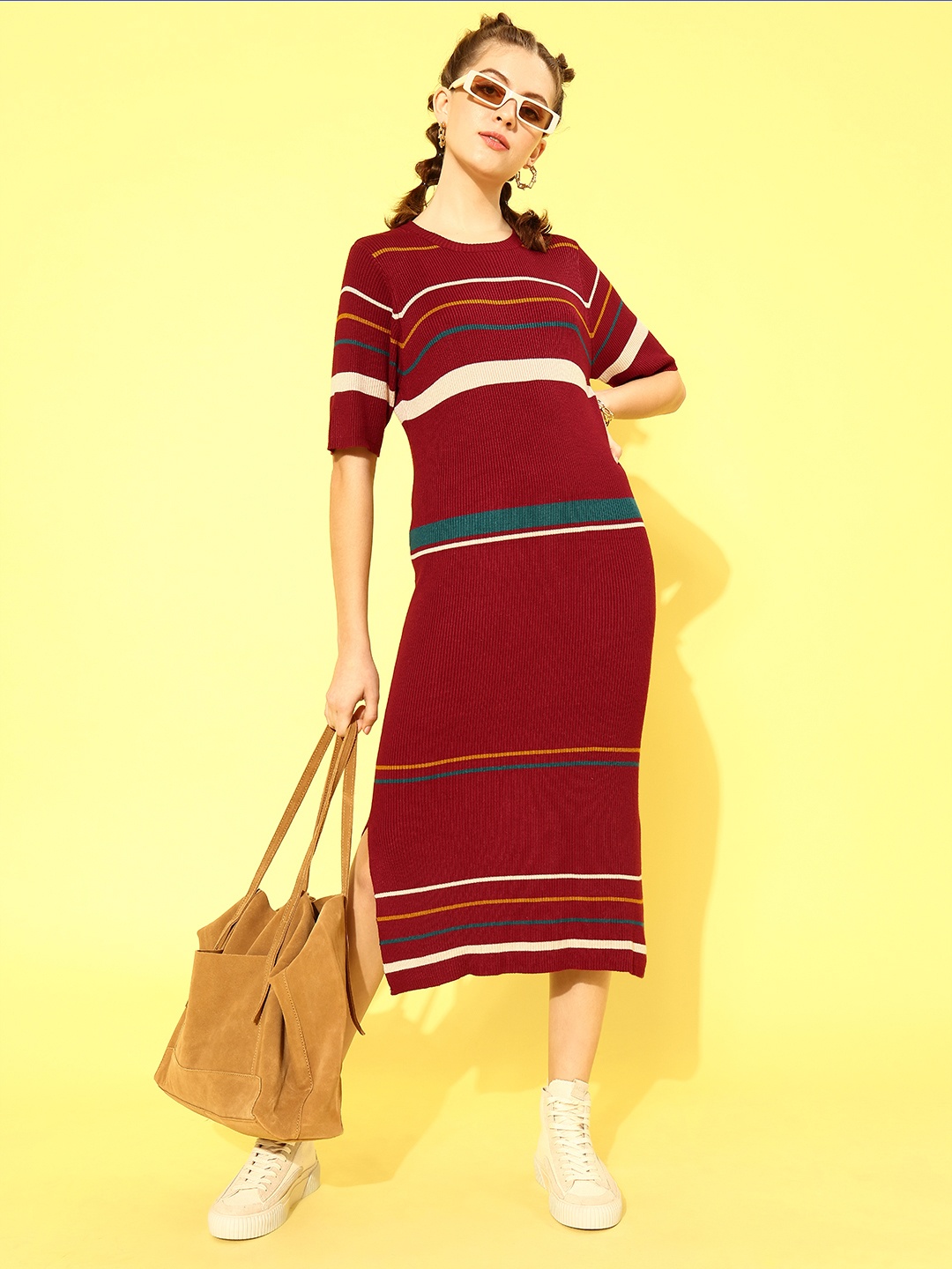 

Mast & Harbour Women Charming Maroon Striped Jumper Dress