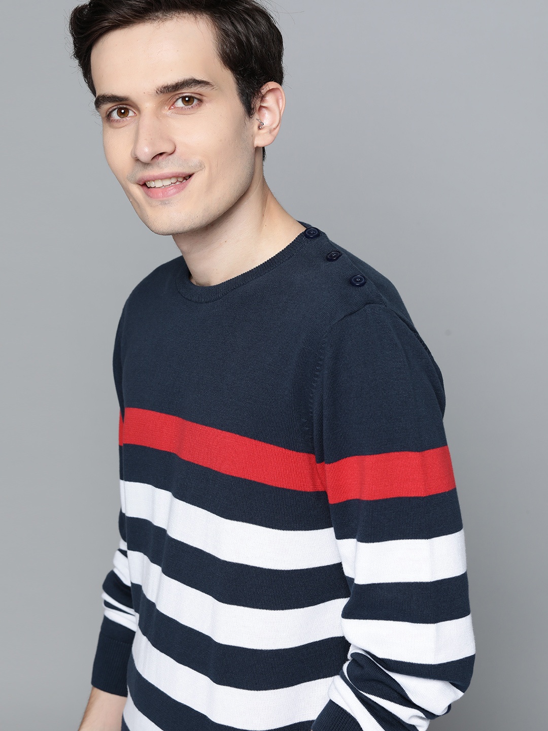 

Mast & Harbour Men Navy Blue & White Striped Pullover Sweater