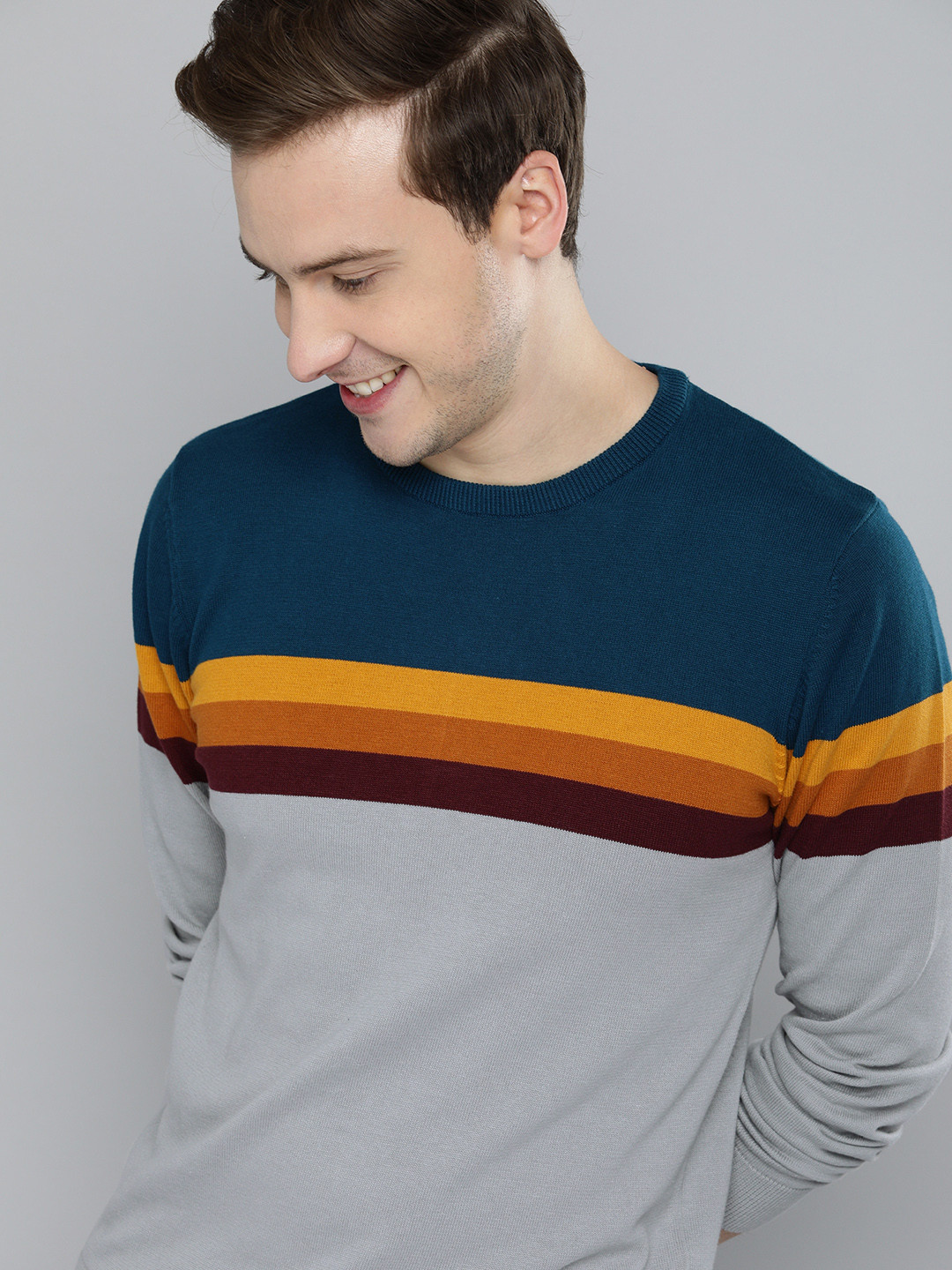 

Mast & Harbour Men Teal Blue & Grey Striped Pullover Sweater