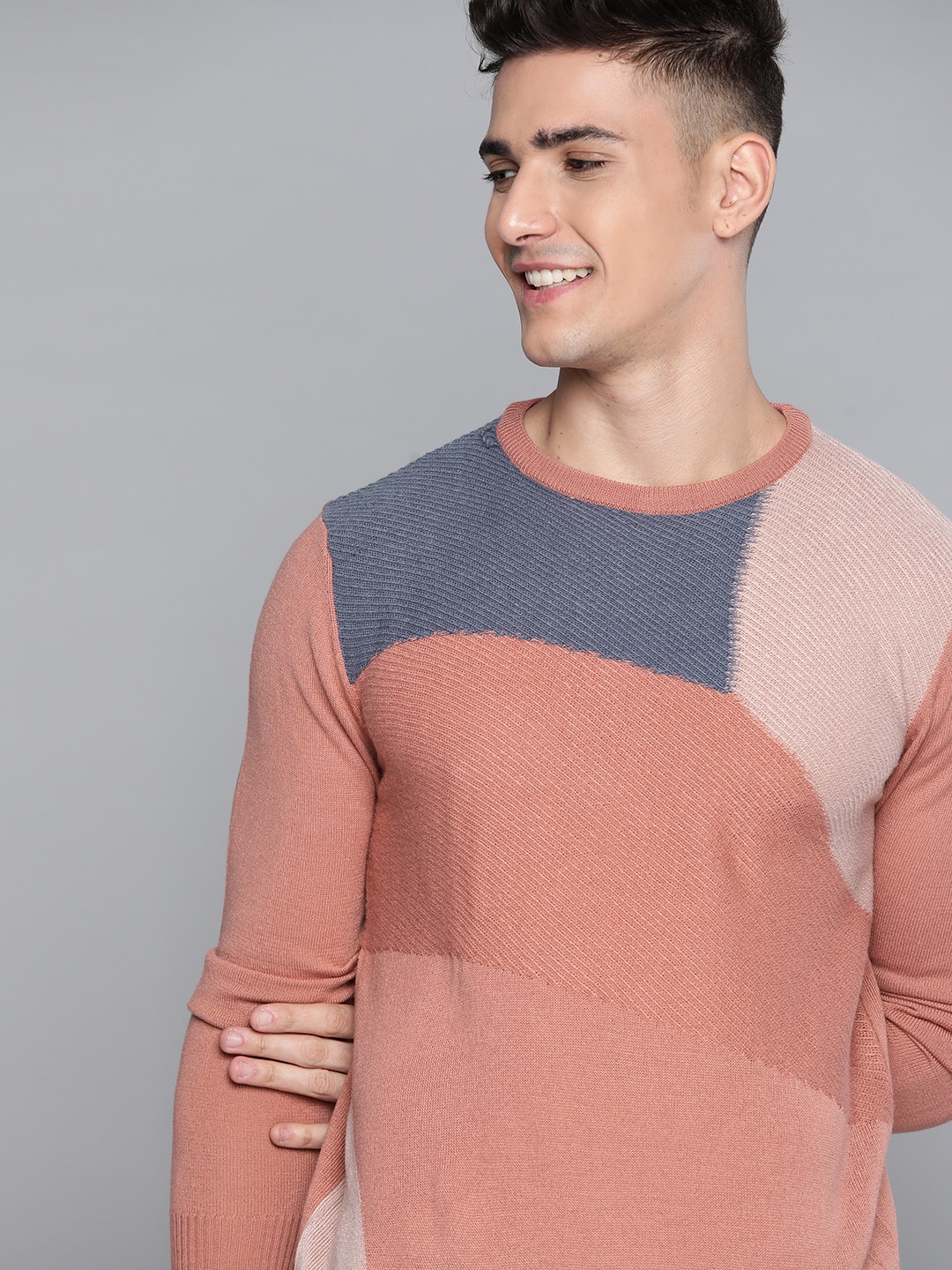 

Mast & Harbour Men Pink & Grey Colourblocked Pullover